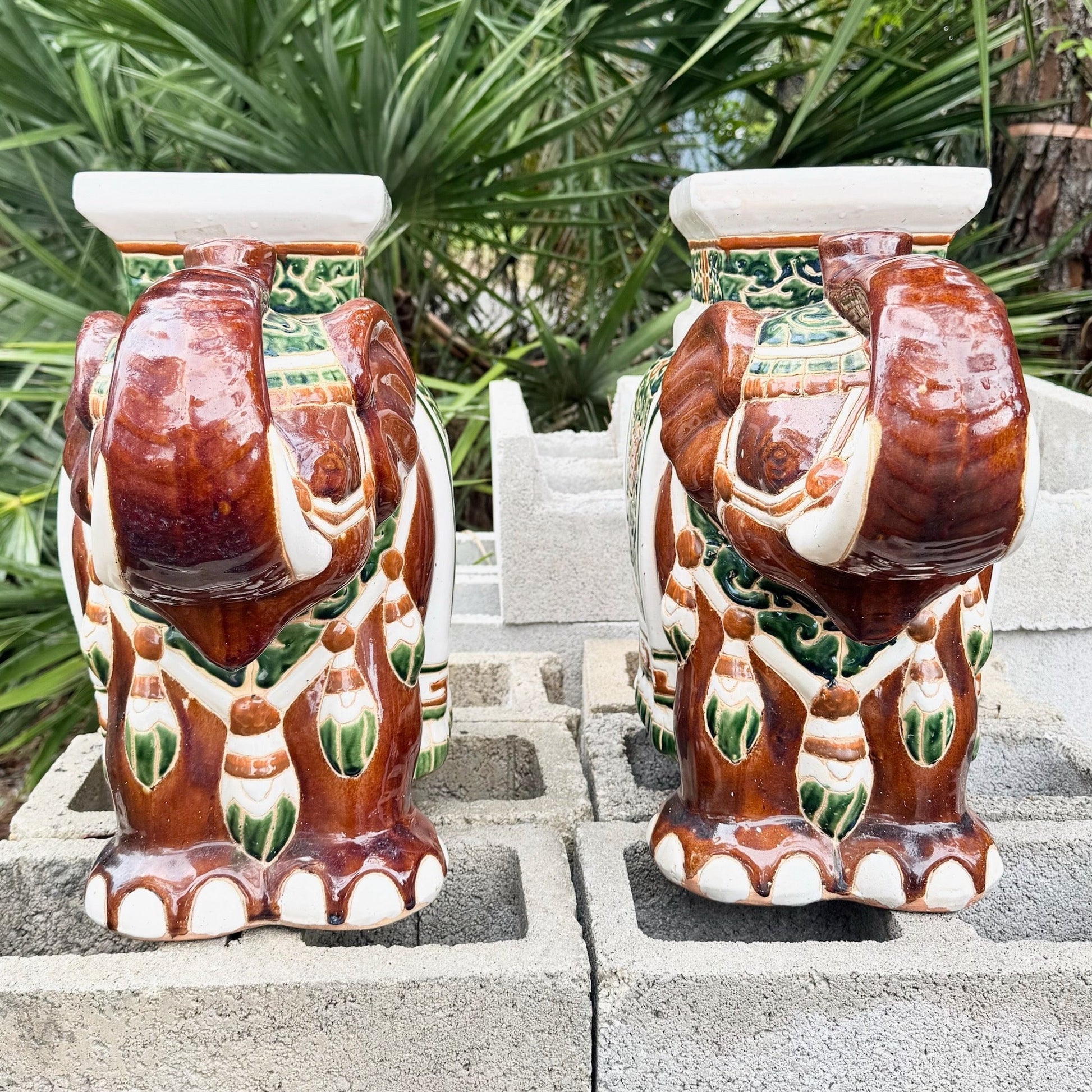 Boho Chic Painted and Glazed Ceramic Elephant Planters/Side Table - A Pair Dolphin & Flamingo