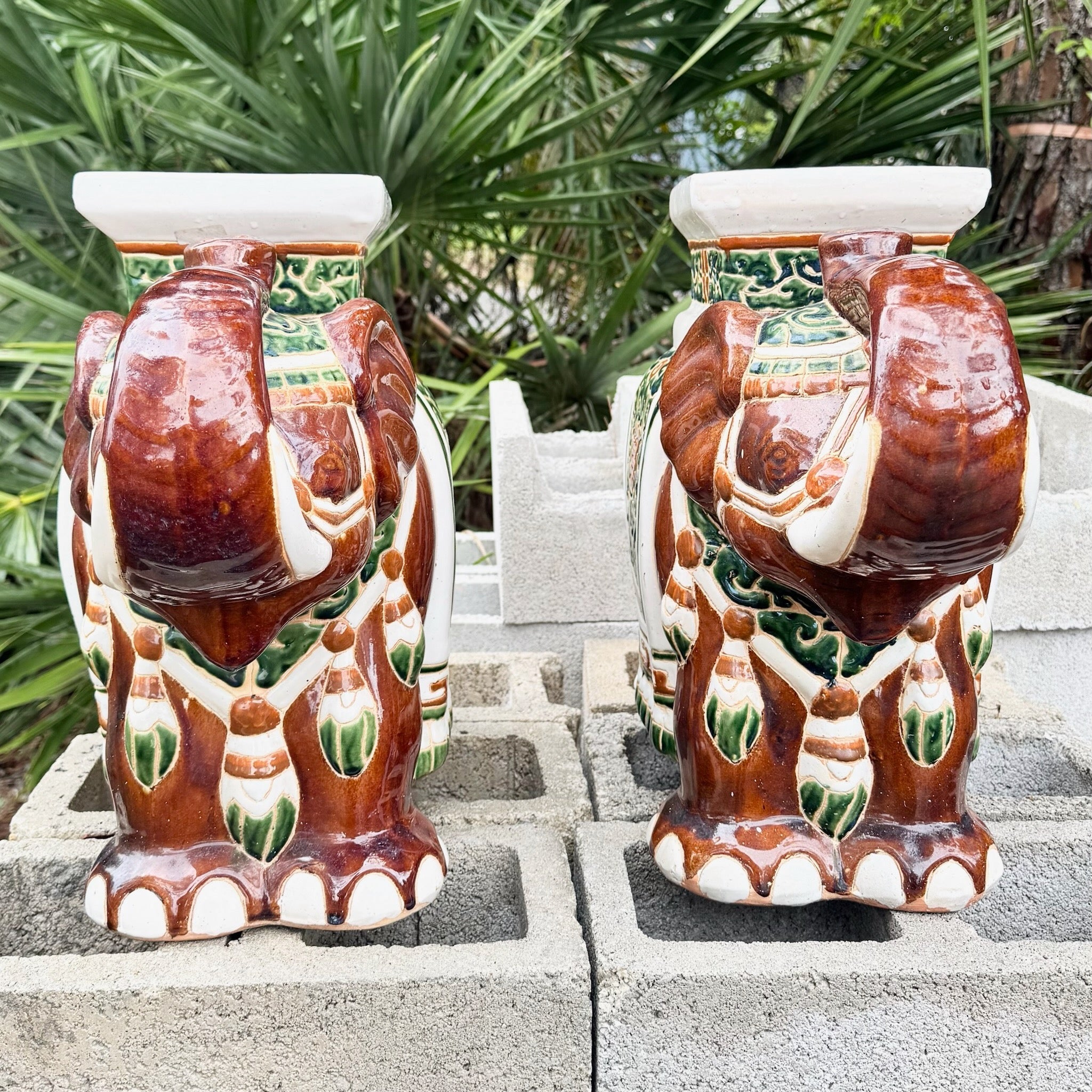 Boho Chic Painted and Glazed Ceramic Elephant Planters/Side Table - A Pair Dolphin & Flamingo