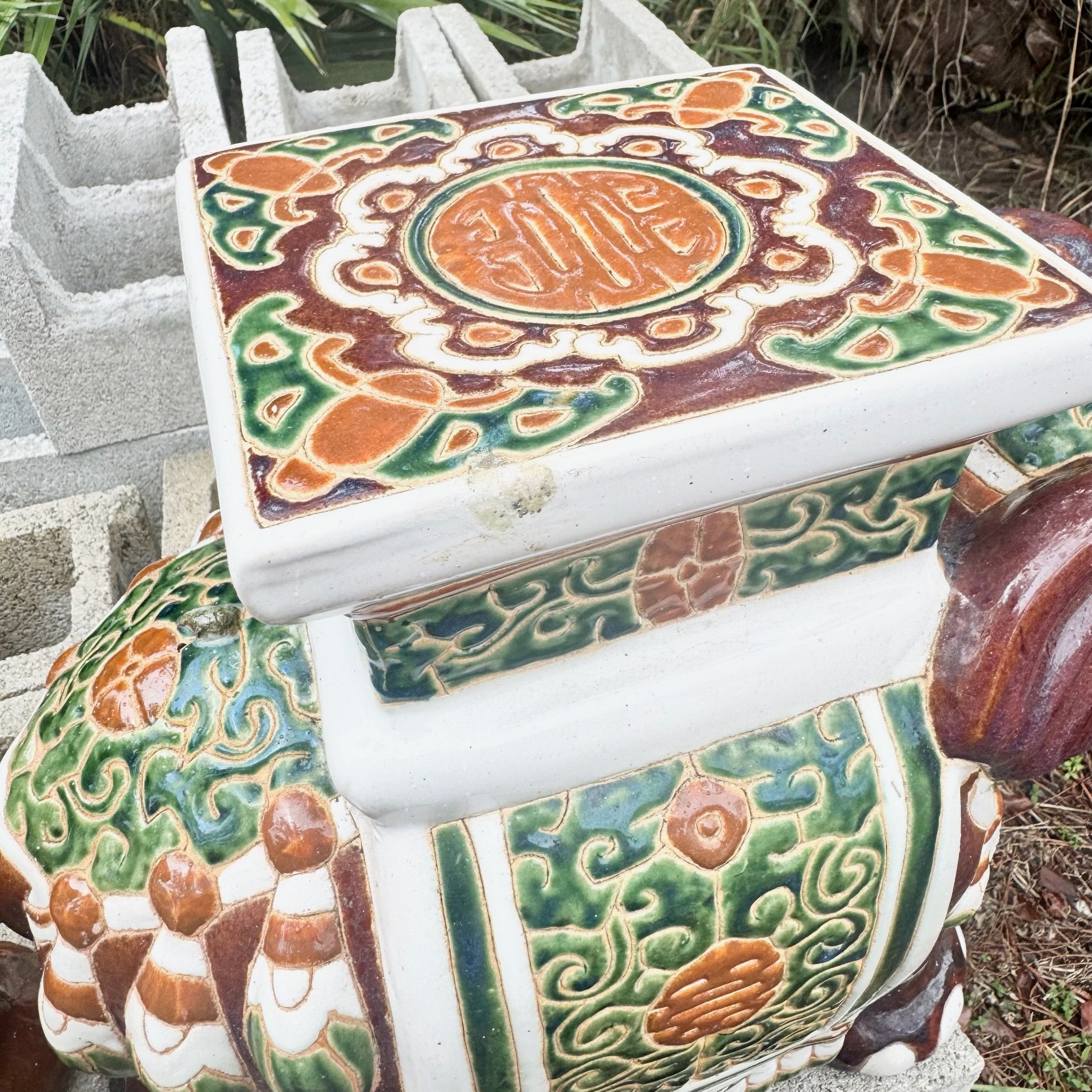 Boho Chic Painted and Glazed Ceramic Elephant Planters/Side Table - A Pair Dolphin & Flamingo