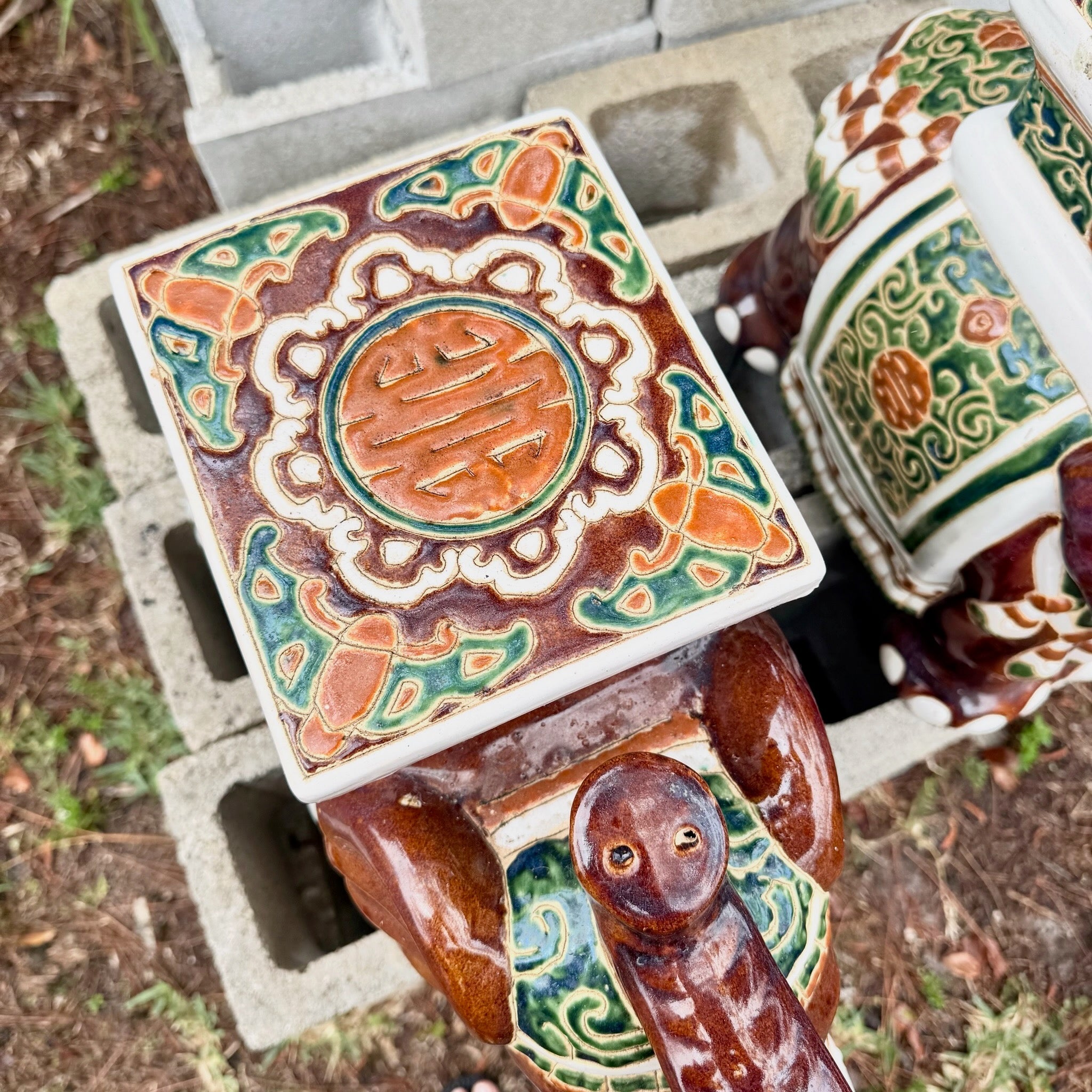 Boho Chic Painted and Glazed Ceramic Elephant Planters/Side Table - A Pair Dolphin & Flamingo