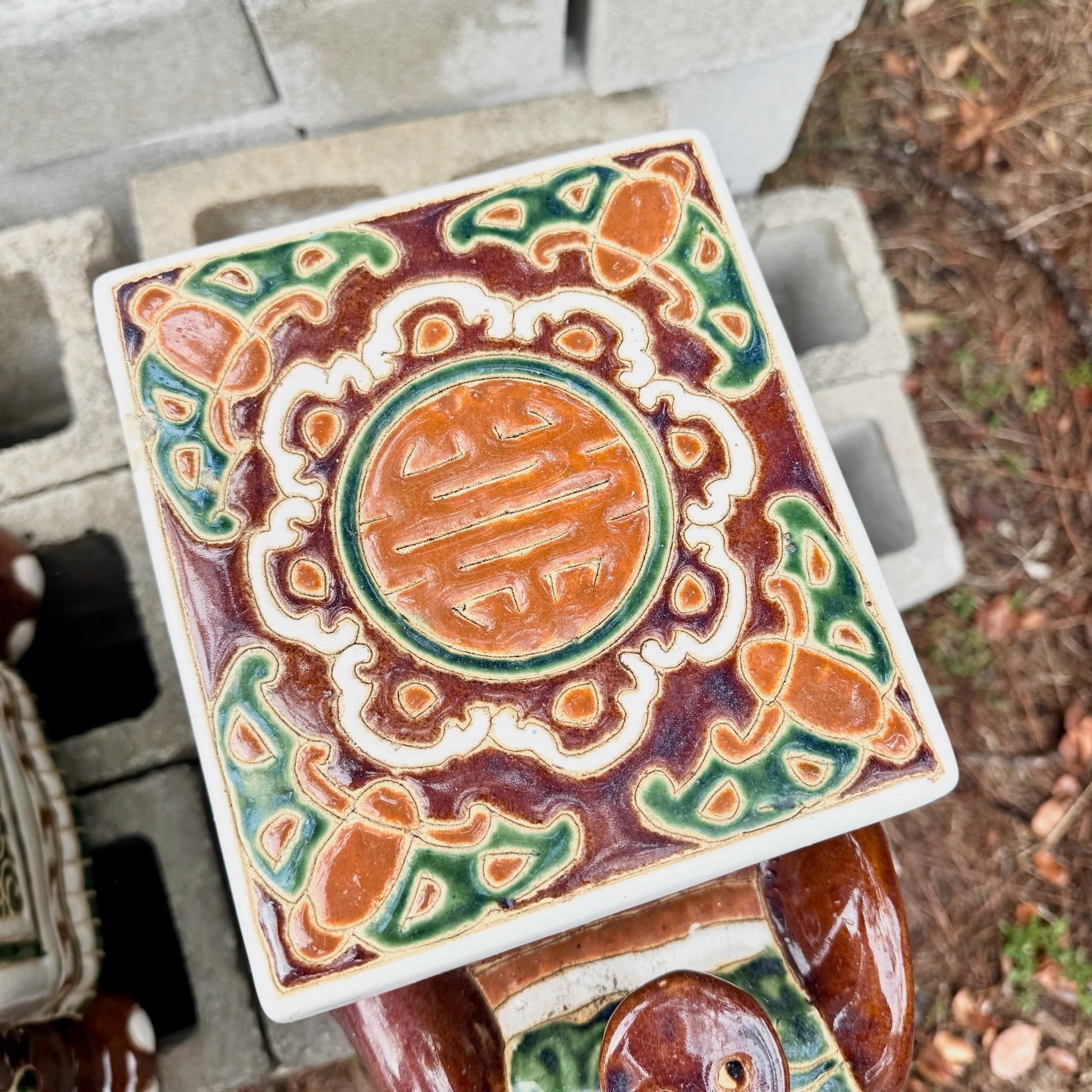 Boho Chic Painted and Glazed Ceramic Elephant Planters/Side Table - A Pair Dolphin & Flamingo