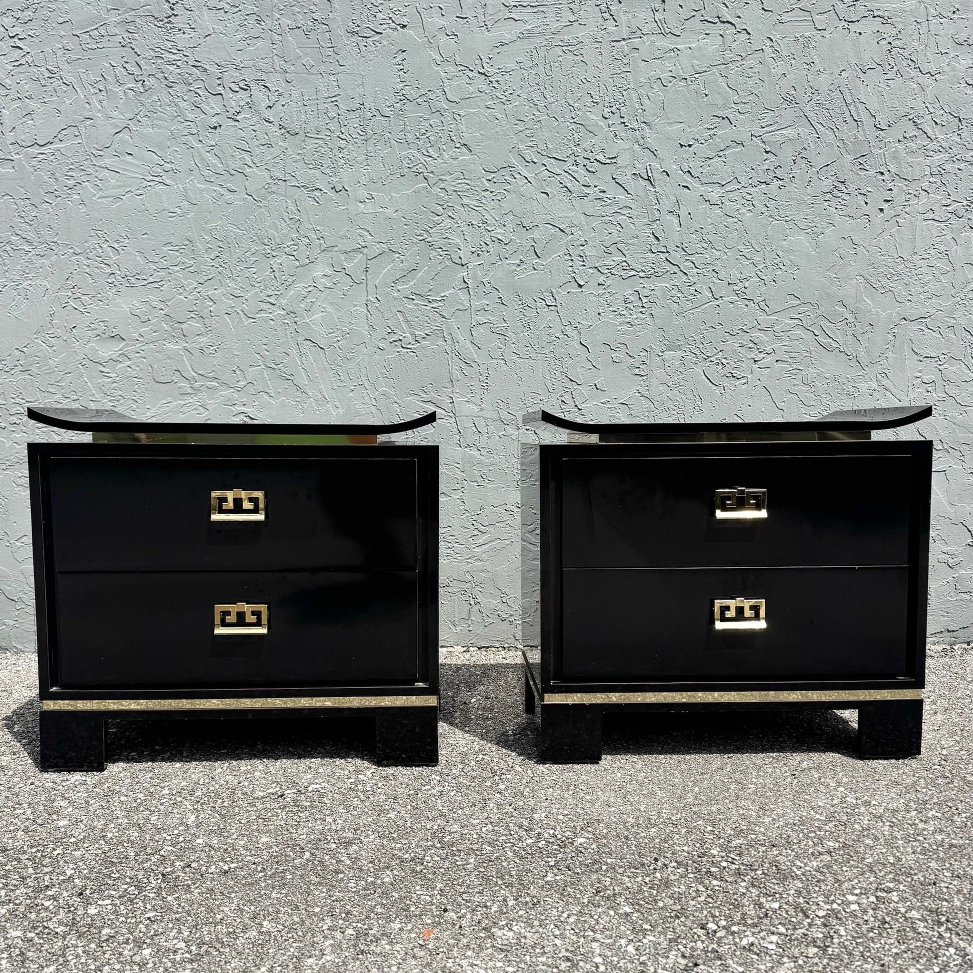 Chinoiserie Black Gloss Laminate Nightstands With Gold Accents - A Pair Dolphin & Flamingo