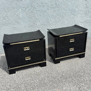 Chinoiserie Black Gloss Laminate Nightstands With Gold Accents - A Pair Dolphin & Flamingo