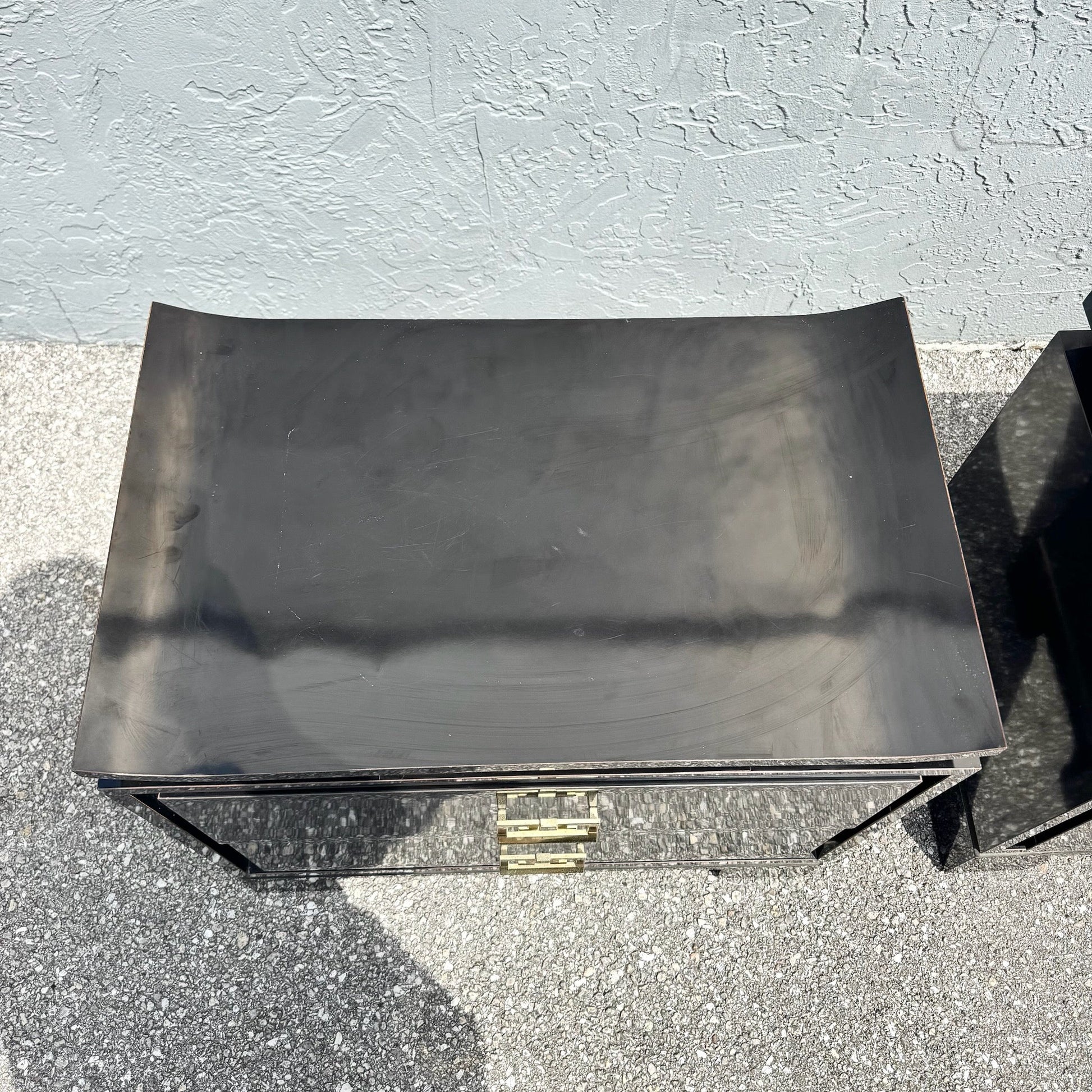 Chinoiserie Black Gloss Laminate Nightstands With Gold Accents - A Pair Dolphin & Flamingo