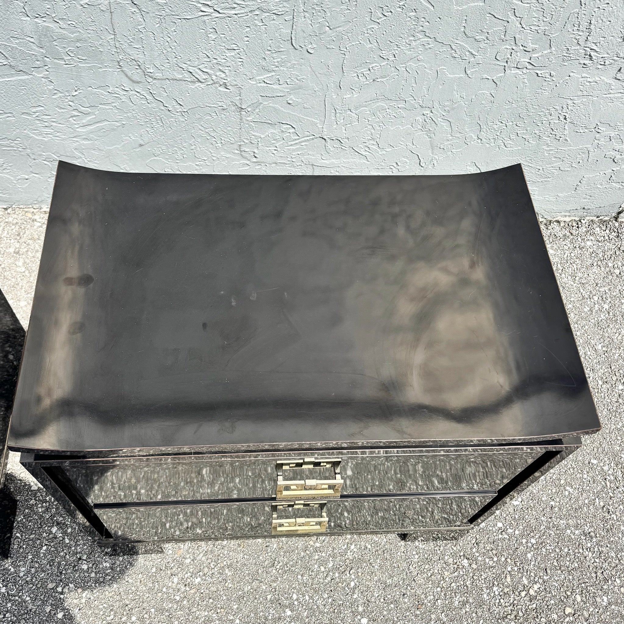 Chinoiserie Black Gloss Laminate Nightstands With Gold Accents - A Pair Dolphin & Flamingo