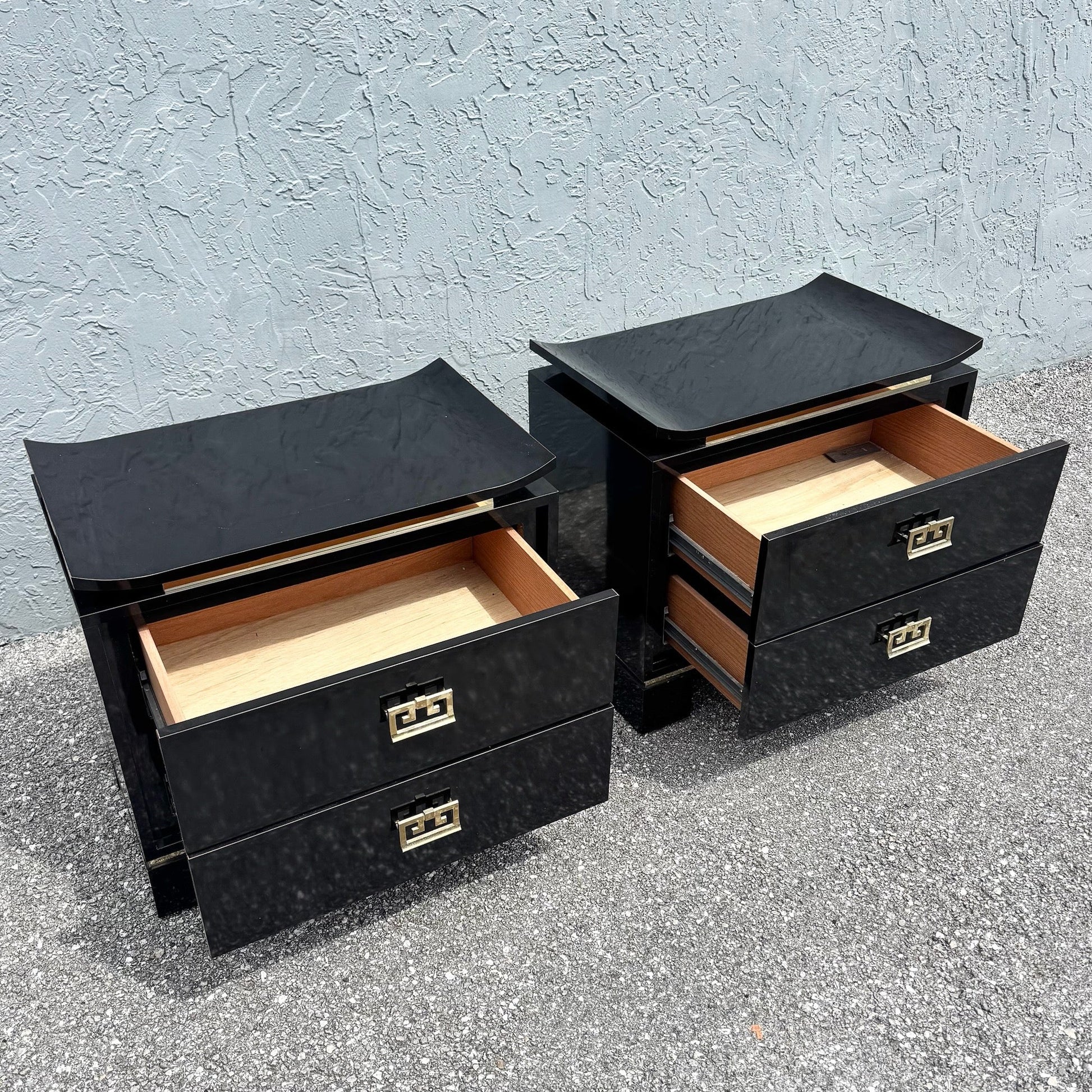 Chinoiserie Black Gloss Laminate Nightstands With Gold Accents - A Pair Dolphin & Flamingo
