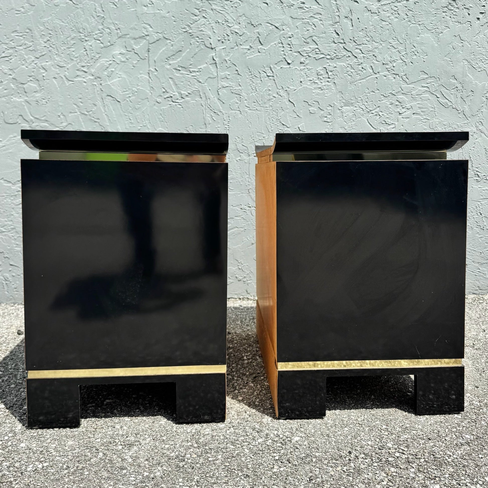 Chinoiserie Black Gloss Laminate Nightstands With Gold Accents - A Pair Dolphin & Flamingo