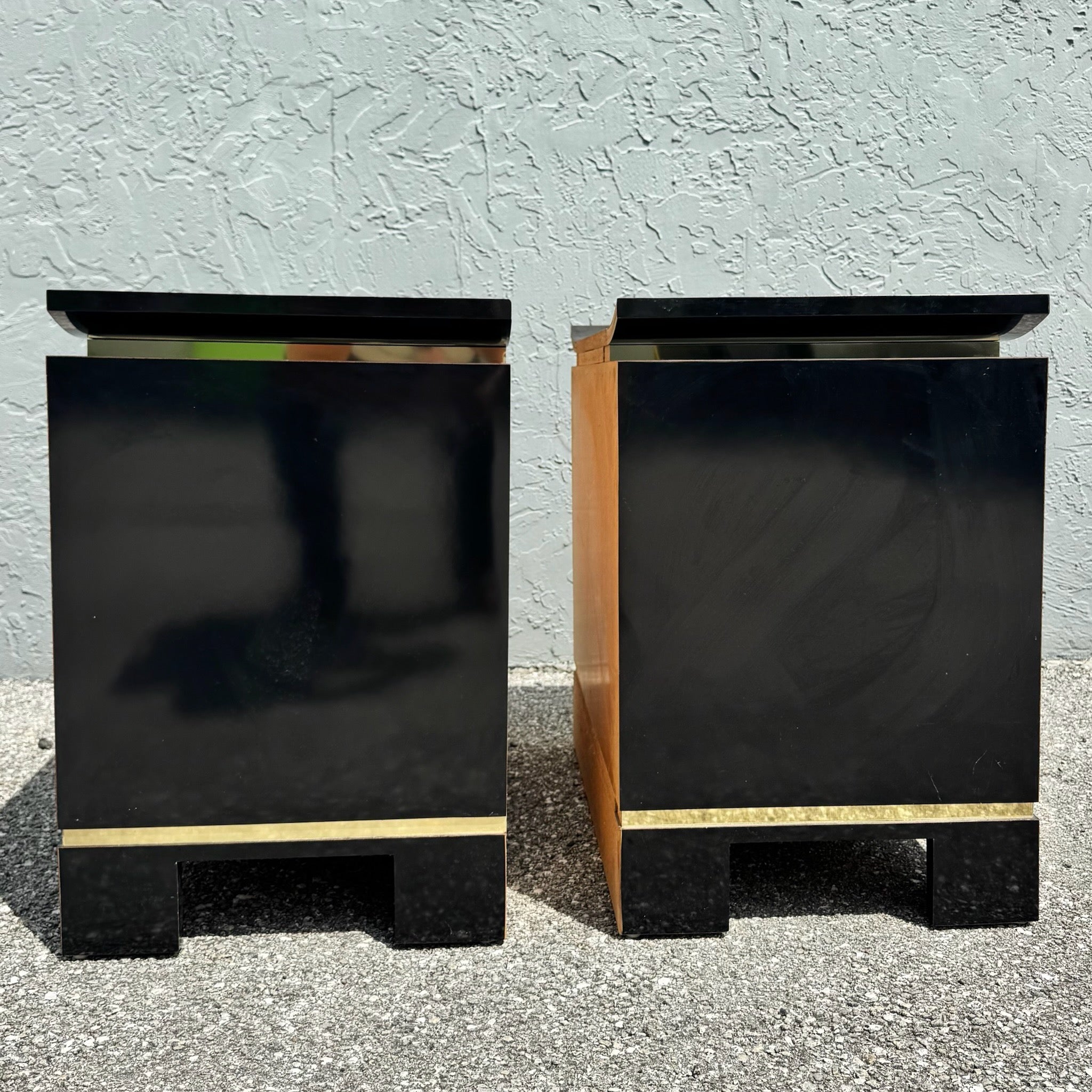 Chinoiserie Black Gloss Laminate Nightstands With Gold Accents - A Pair Dolphin & Flamingo