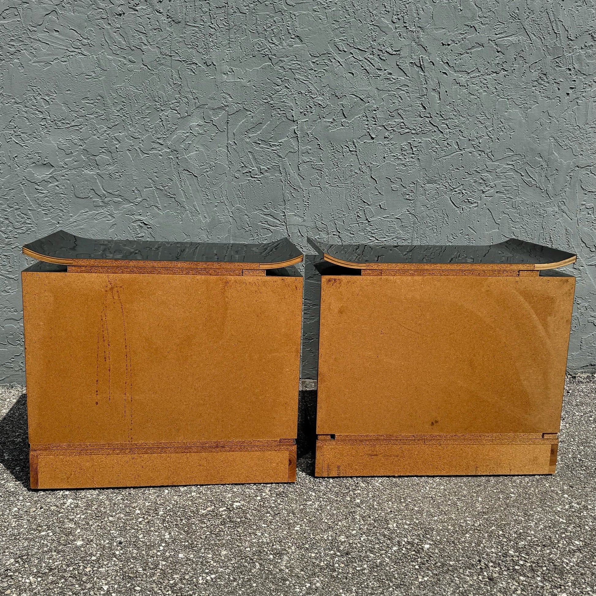 Chinoiserie Black Gloss Laminate Nightstands With Gold Accents - A Pair Dolphin & Flamingo