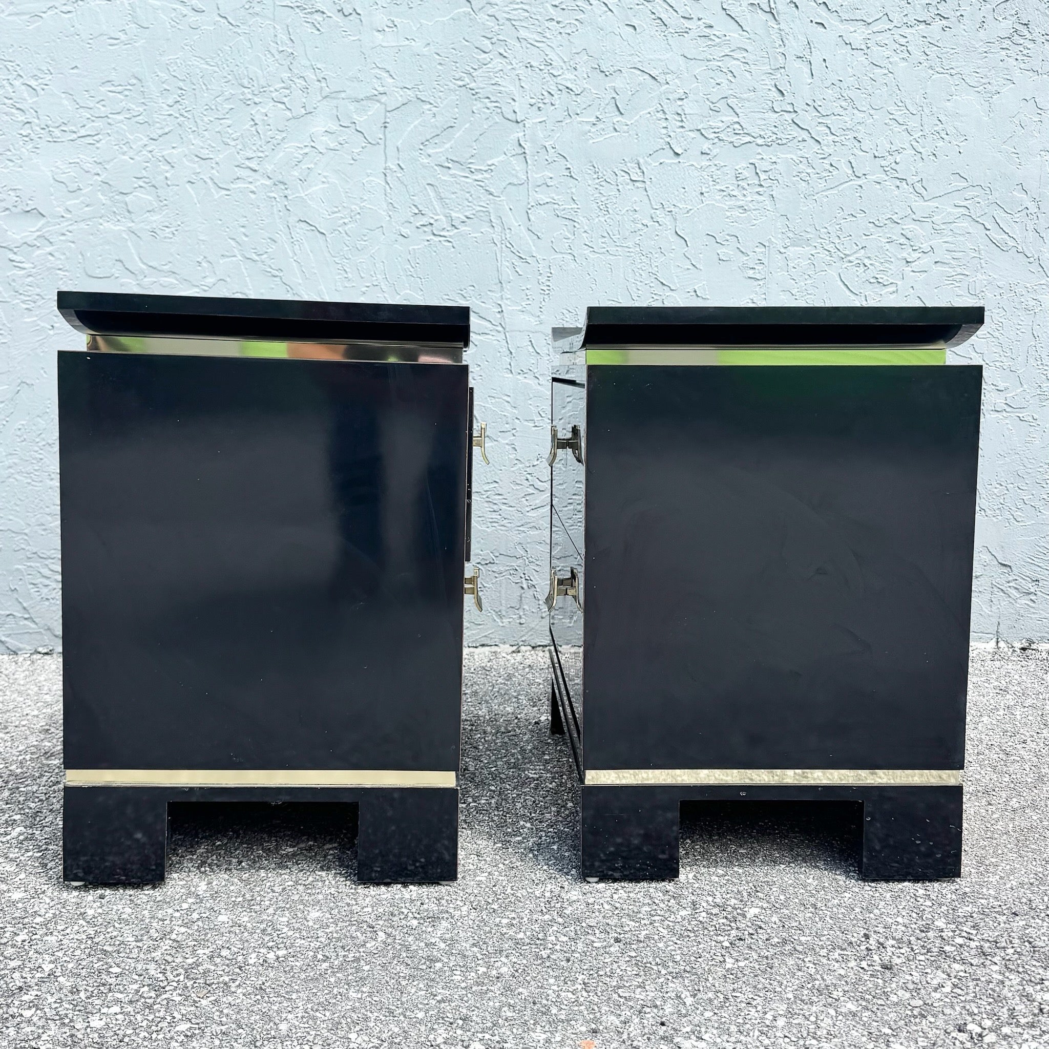 Chinoiserie Black Gloss Laminate Nightstands With Gold Accents - A Pair Dolphin & Flamingo