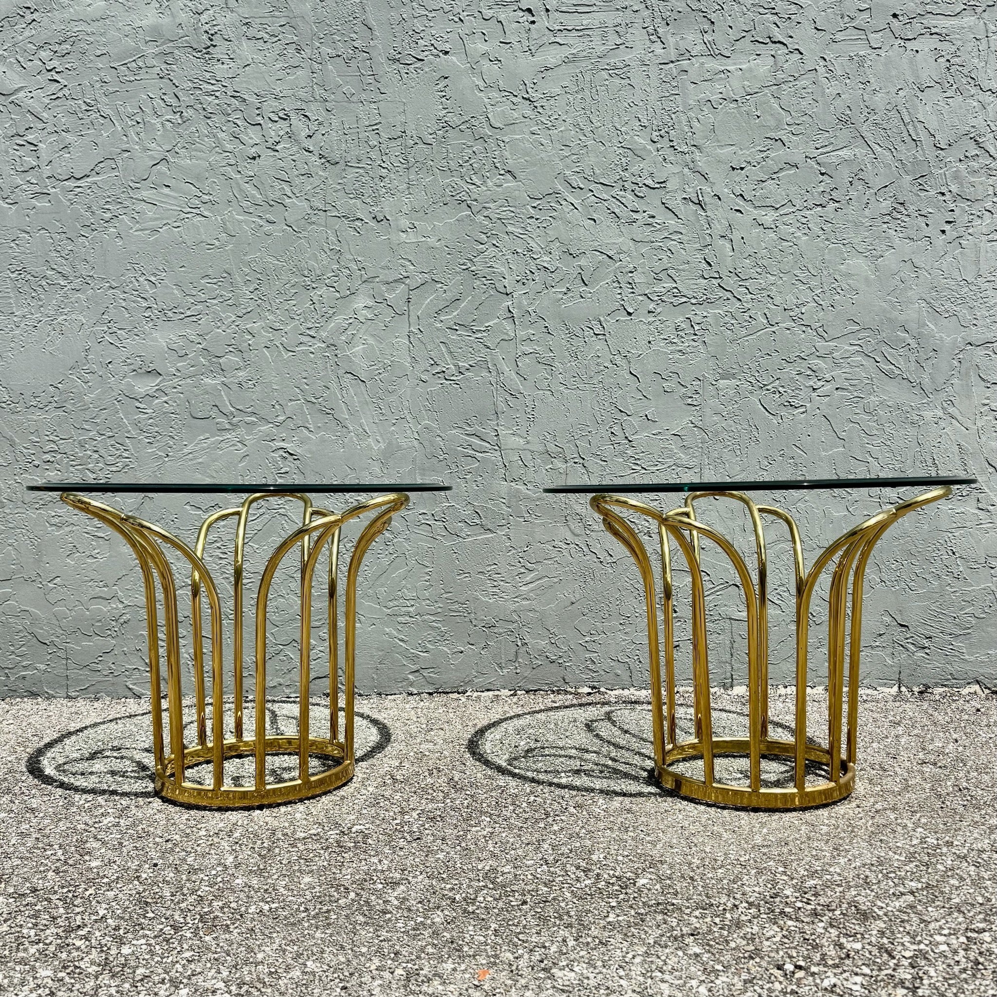 Art Deco Gold Circular Glass Top Side Tables – A Pair Dolphin & Flamingo