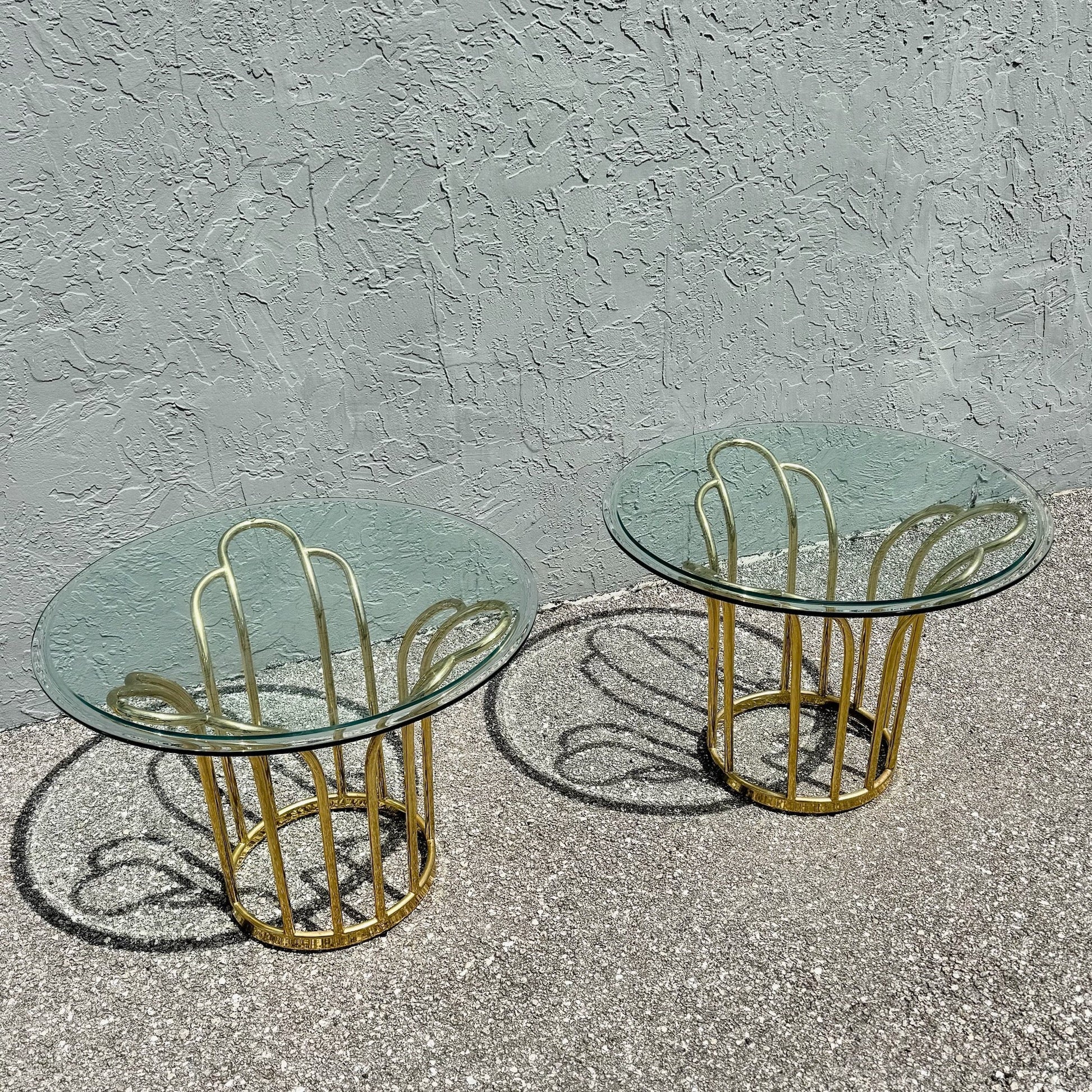 Art Deco Gold Circular Glass Top Side Tables – A Pair Dolphin & Flamingo