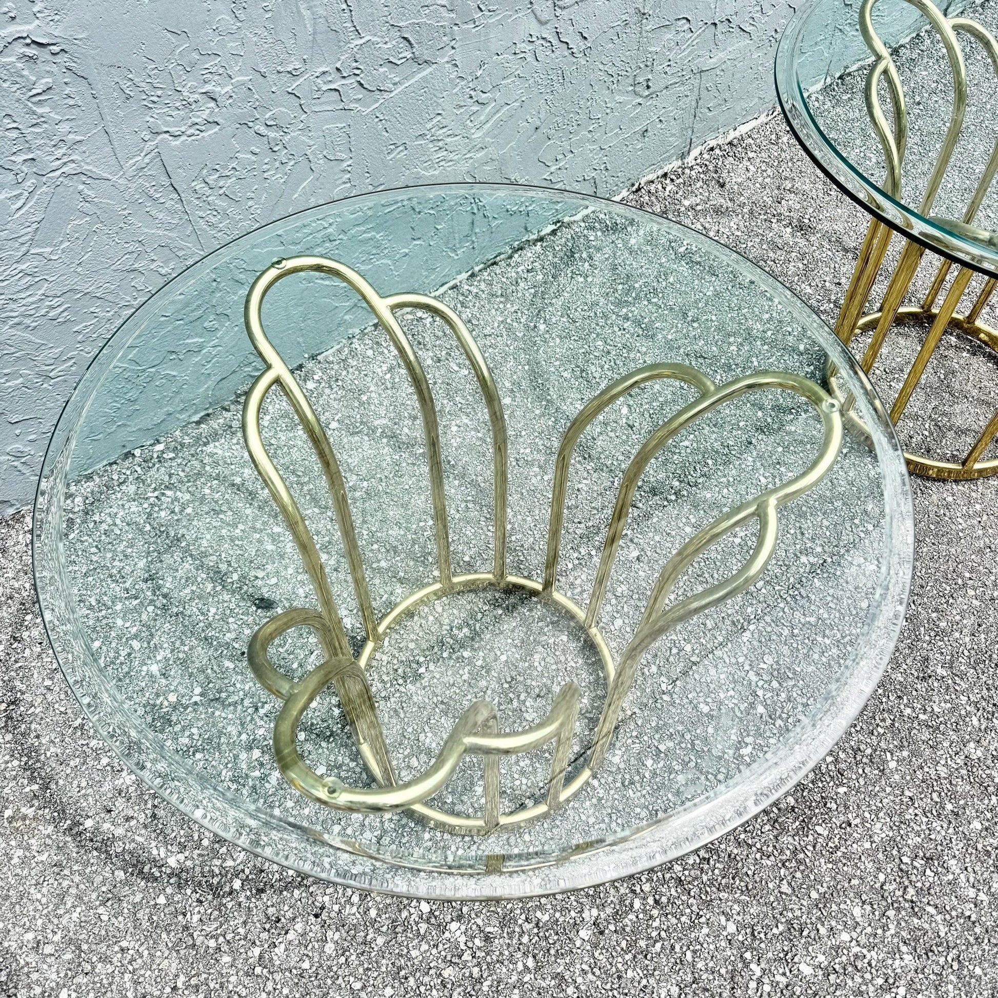 Art Deco Gold Circular Glass Top Side Tables – A Pair Dolphin & Flamingo