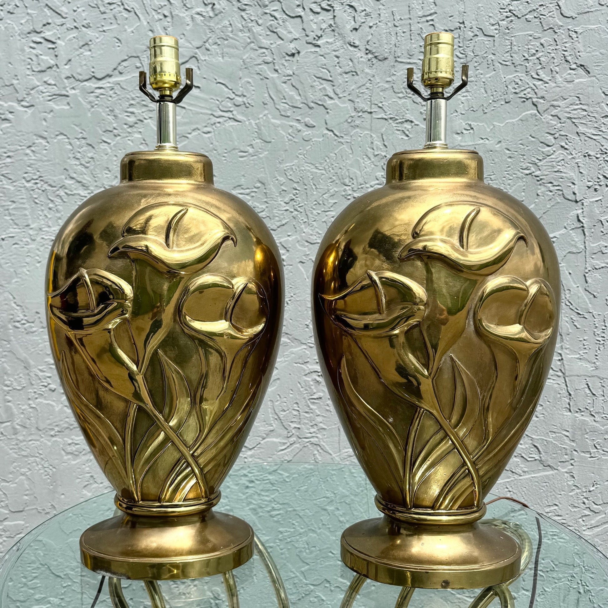 Art Deco Dolbi Cashier Style Brass Tulip Table Lamps - A Pair Dolphin & Flamingo