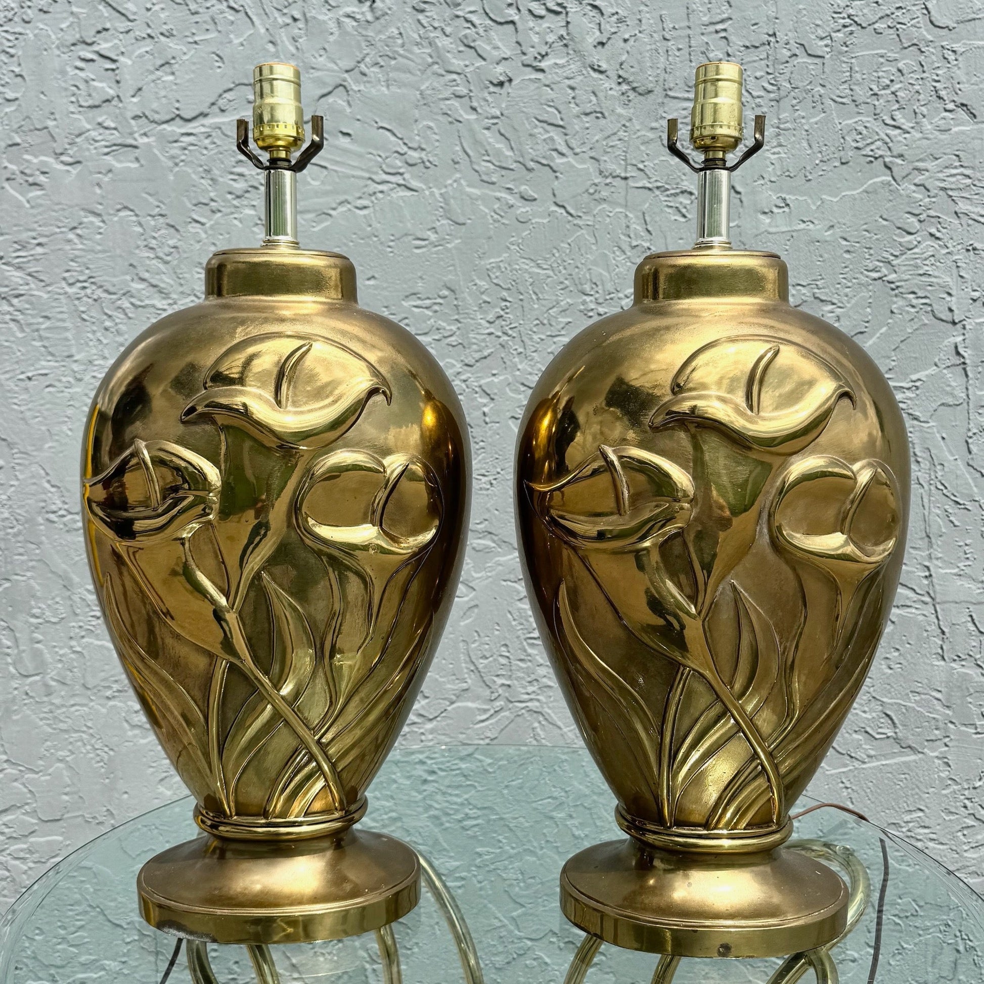 Art Deco Dolbi Cashier Style Brass Tulip Table Lamps - A Pair Dolphin & Flamingo