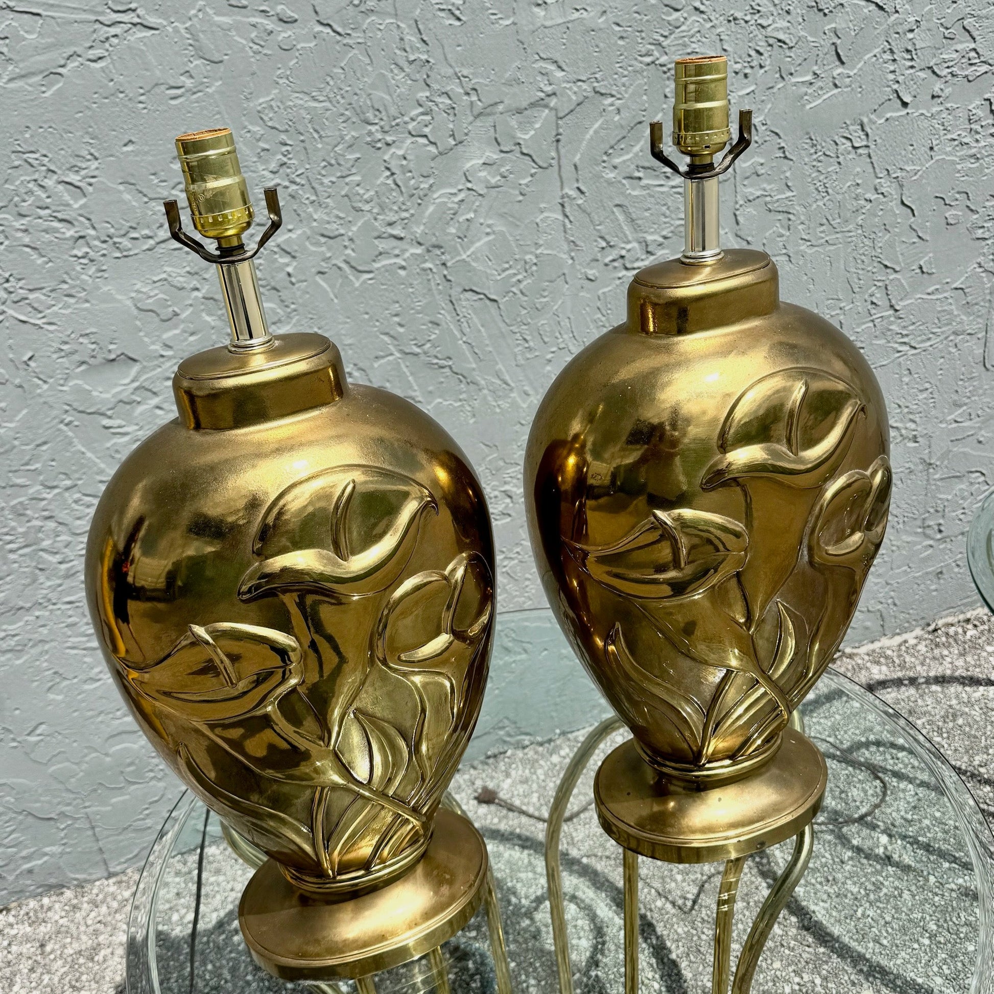 Art Deco Dolbi Cashier Style Brass Tulip Table Lamps - A Pair Dolphin & Flamingo