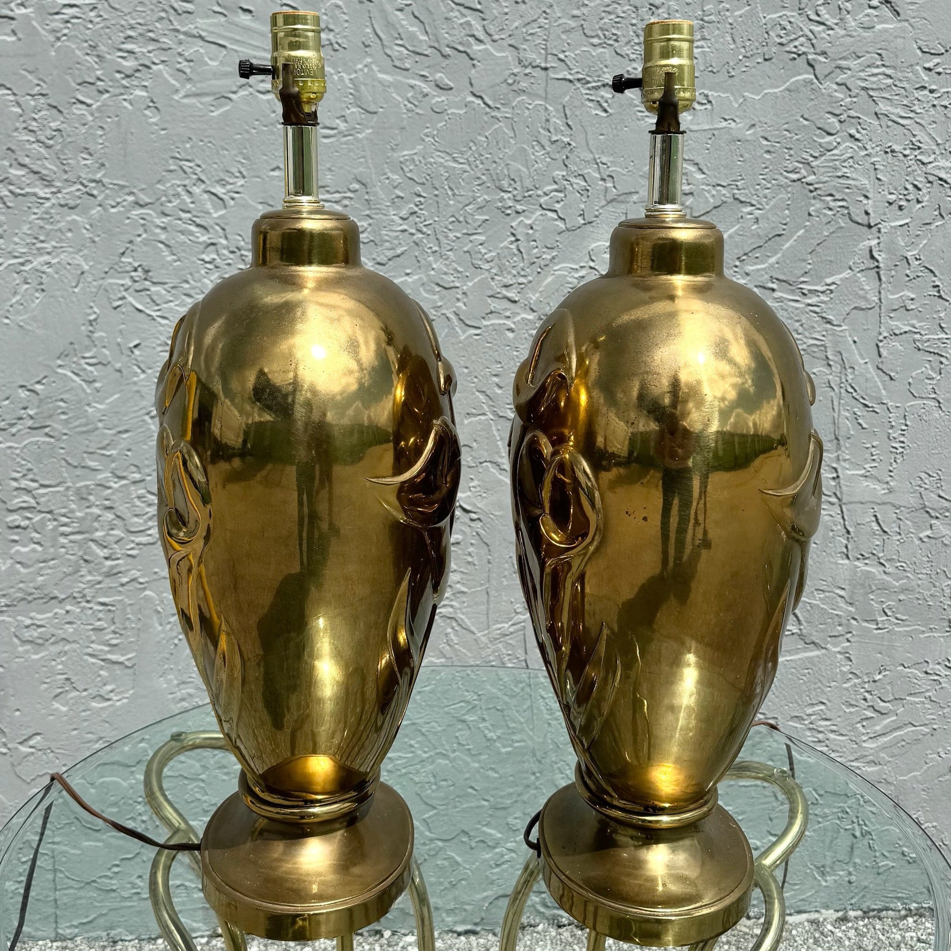 Art Deco Dolbi Cashier Style Brass Tulip Table Lamps - A Pair Dolphin & Flamingo