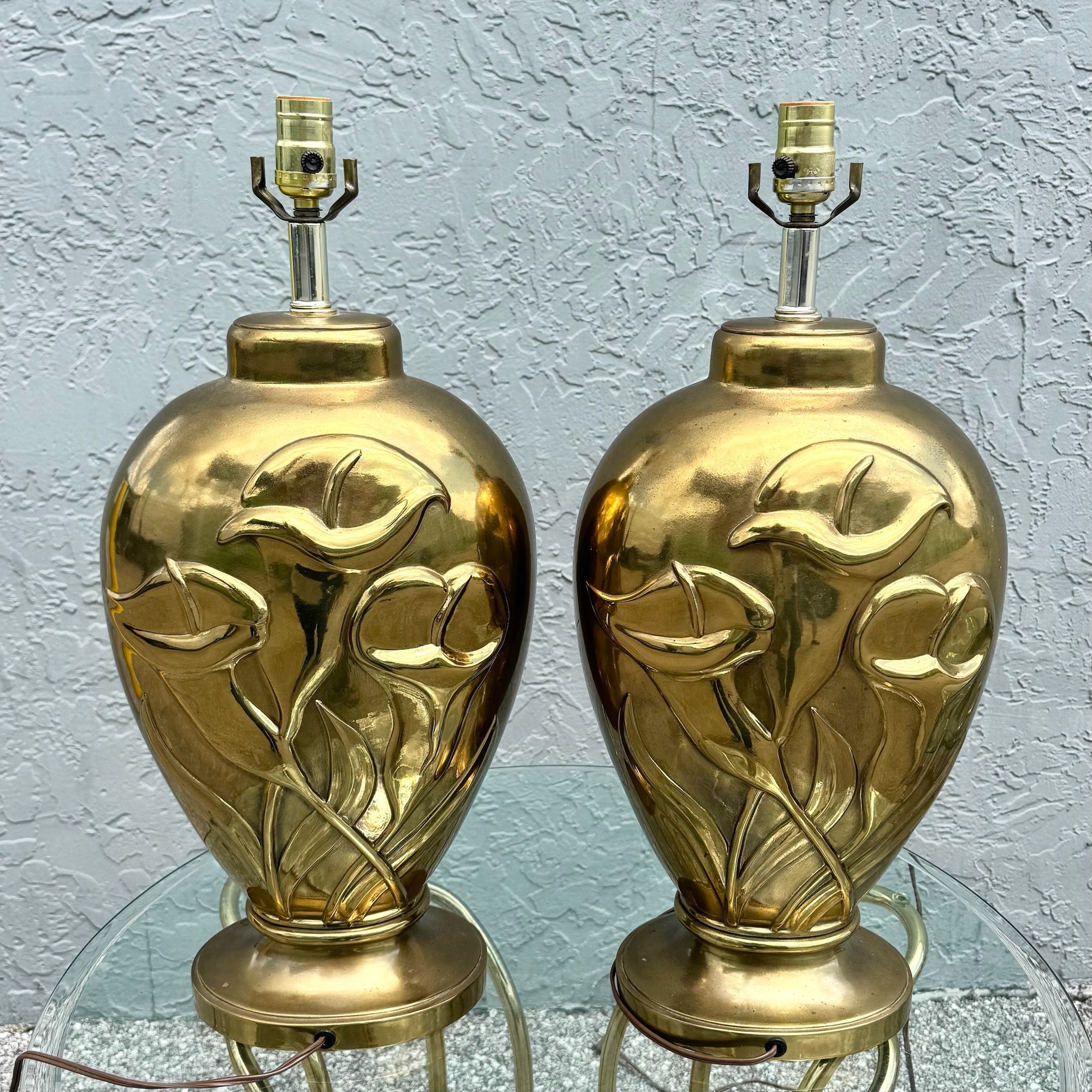 Art Deco Dolbi Cashier Style Brass Tulip Table Lamps - A Pair Dolphin & Flamingo