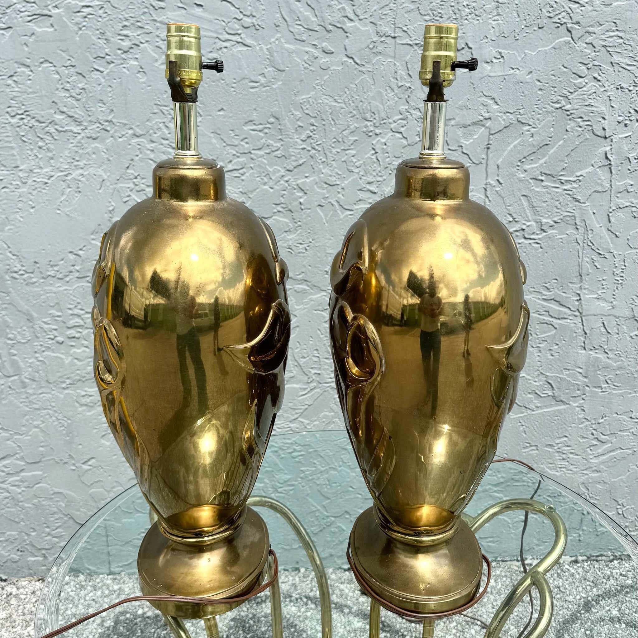 Art Deco Dolbi Cashier Style Brass Tulip Table Lamps - A Pair Dolphin & Flamingo