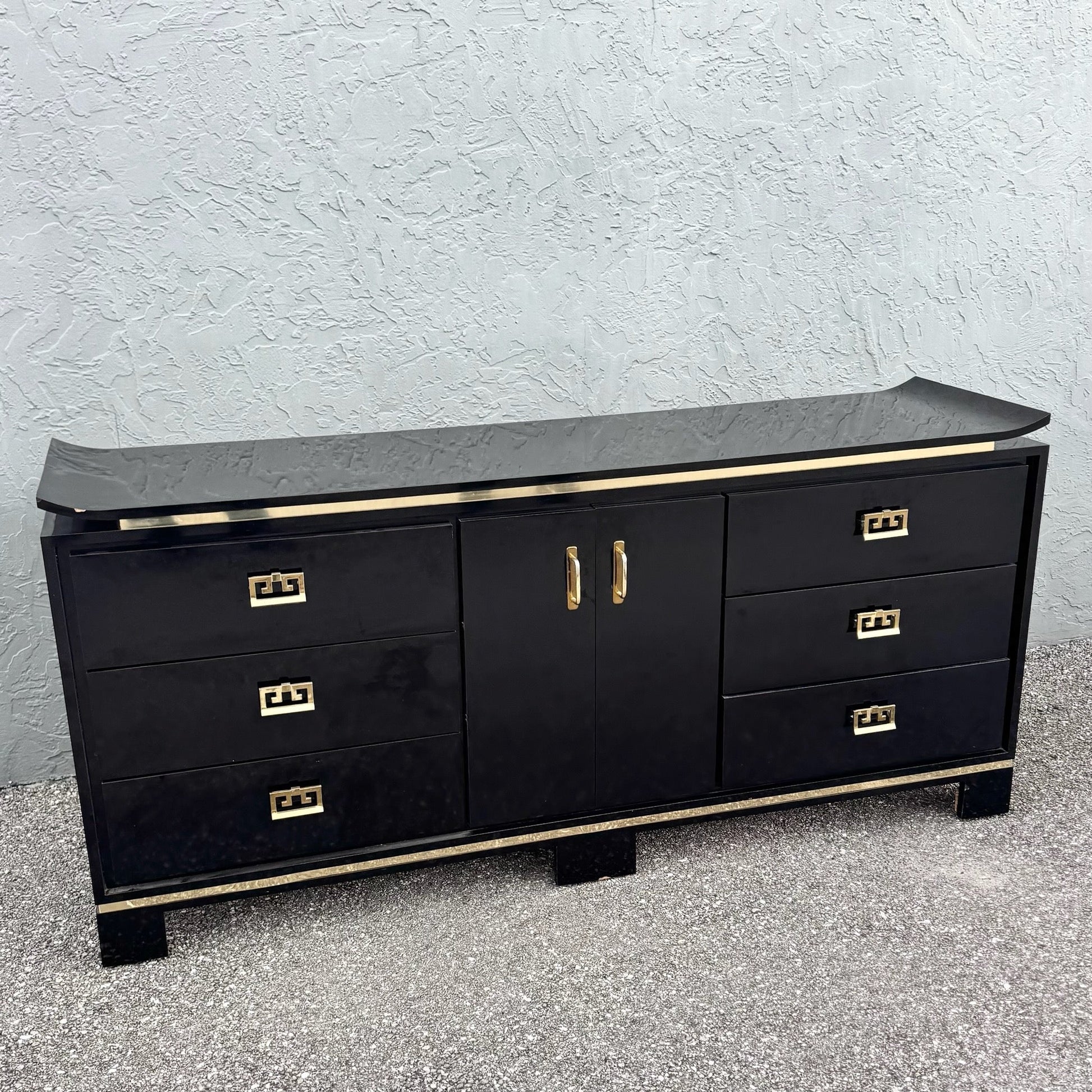 Chinoiserie Black Gloss Laminate Dresser With Gold Accents Dolphin & Flamingo