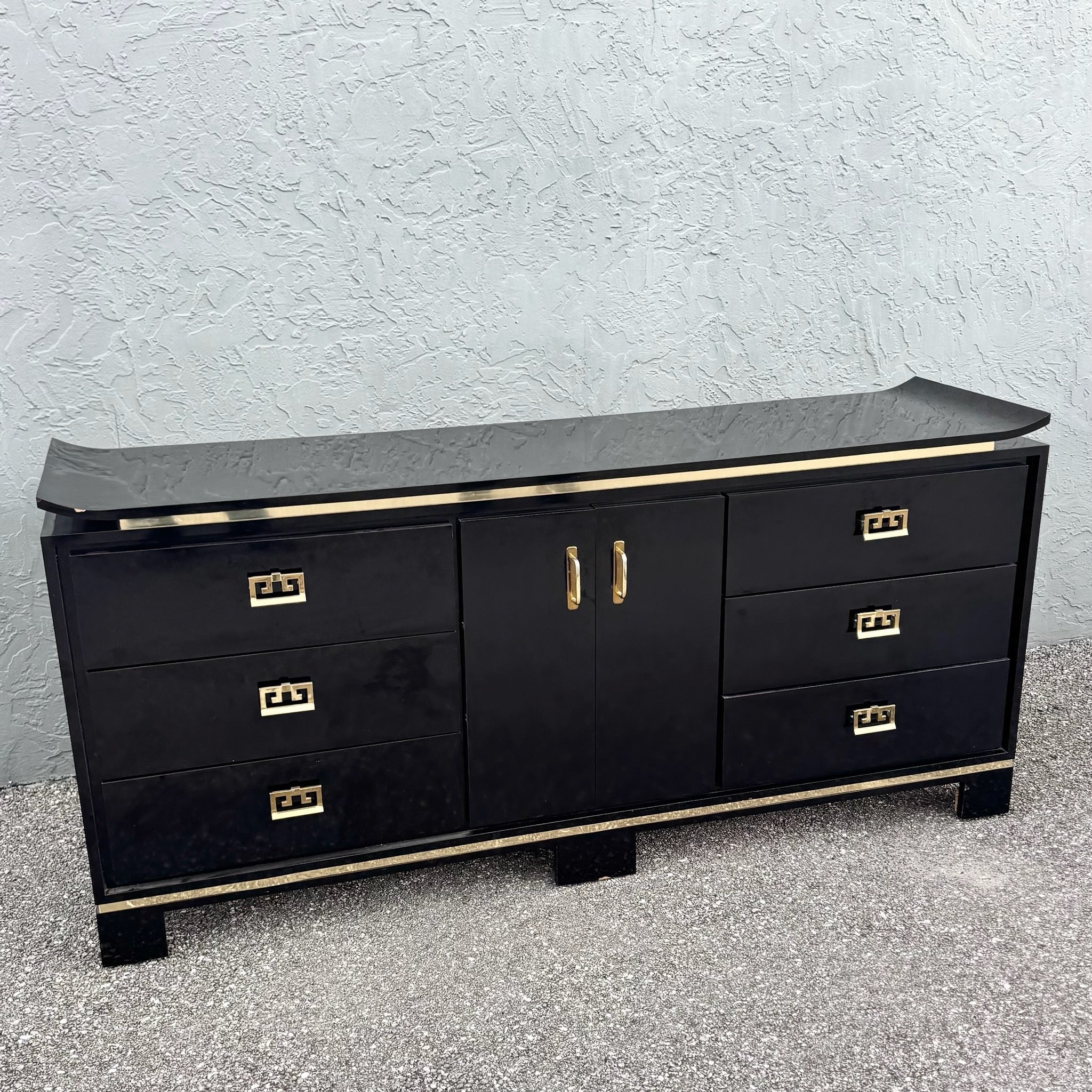 Chinoiserie Black Gloss Laminate Dresser With Gold Accents Dolphin & Flamingo