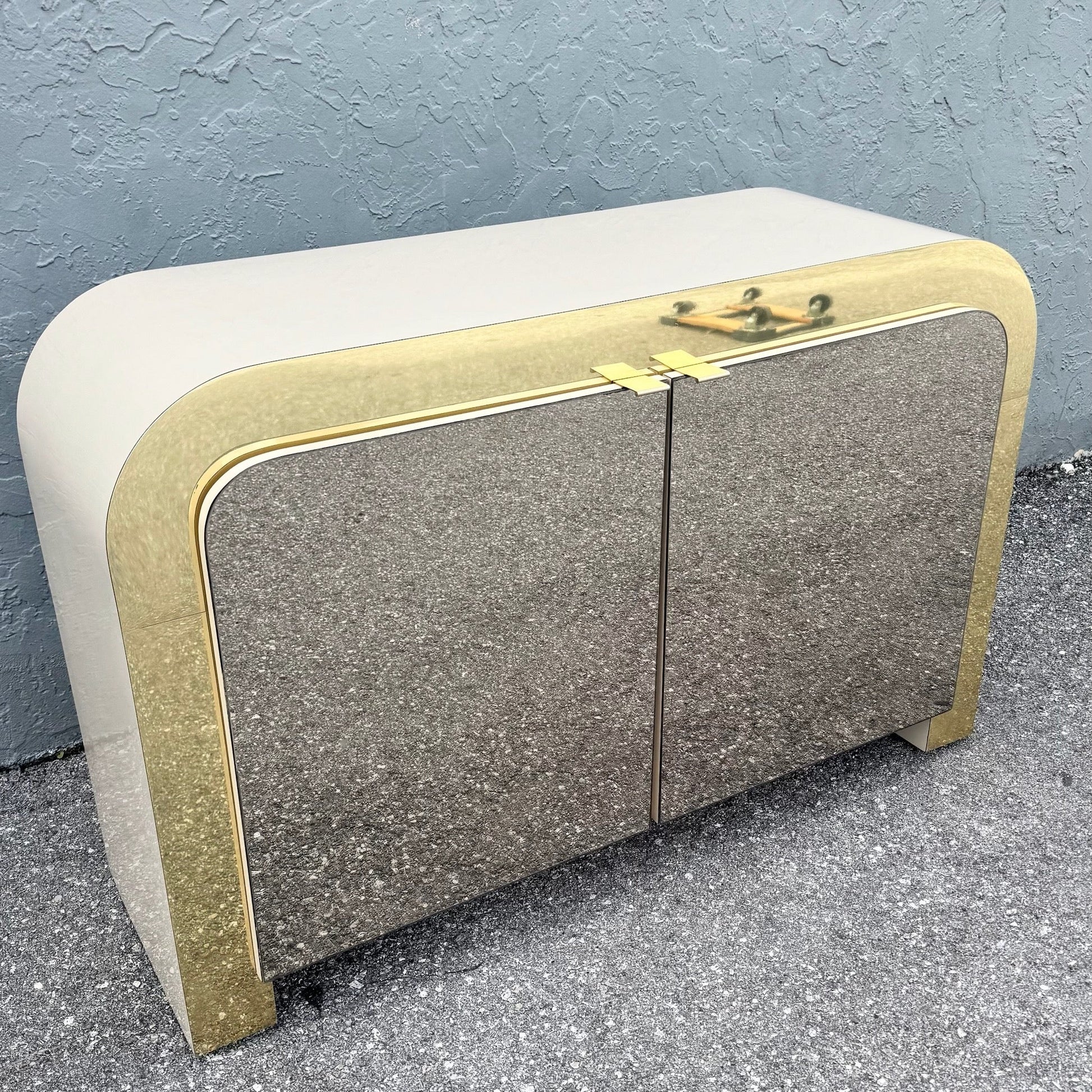 Postmodern Beige Gloss Laminate Mirrored and Gold Waterfall Credenza/Sideboard Dolphin & Flamingo