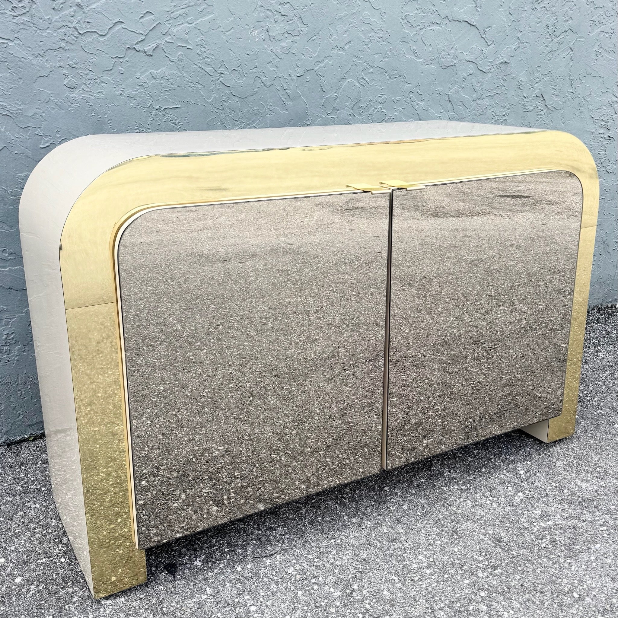 Postmodern Beige Gloss Laminate Mirrored and Gold Waterfall Credenza/Sideboard Dolphin & Flamingo