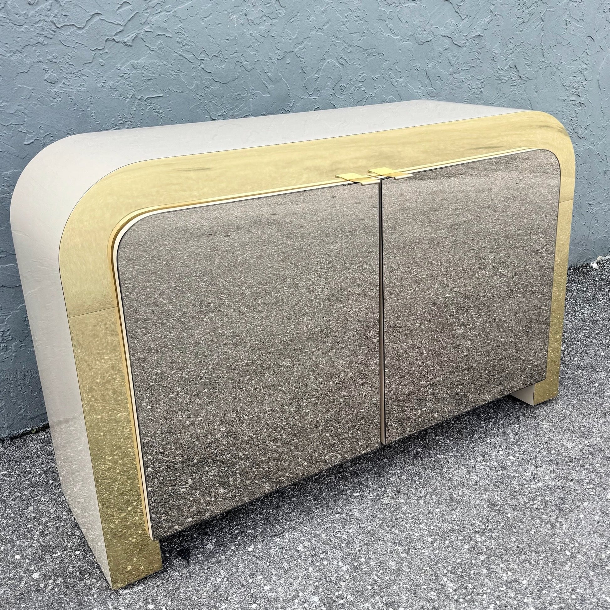 Postmodern Beige Gloss Laminate Mirrored and Gold Waterfall Credenza/Sideboard Dolphin & Flamingo