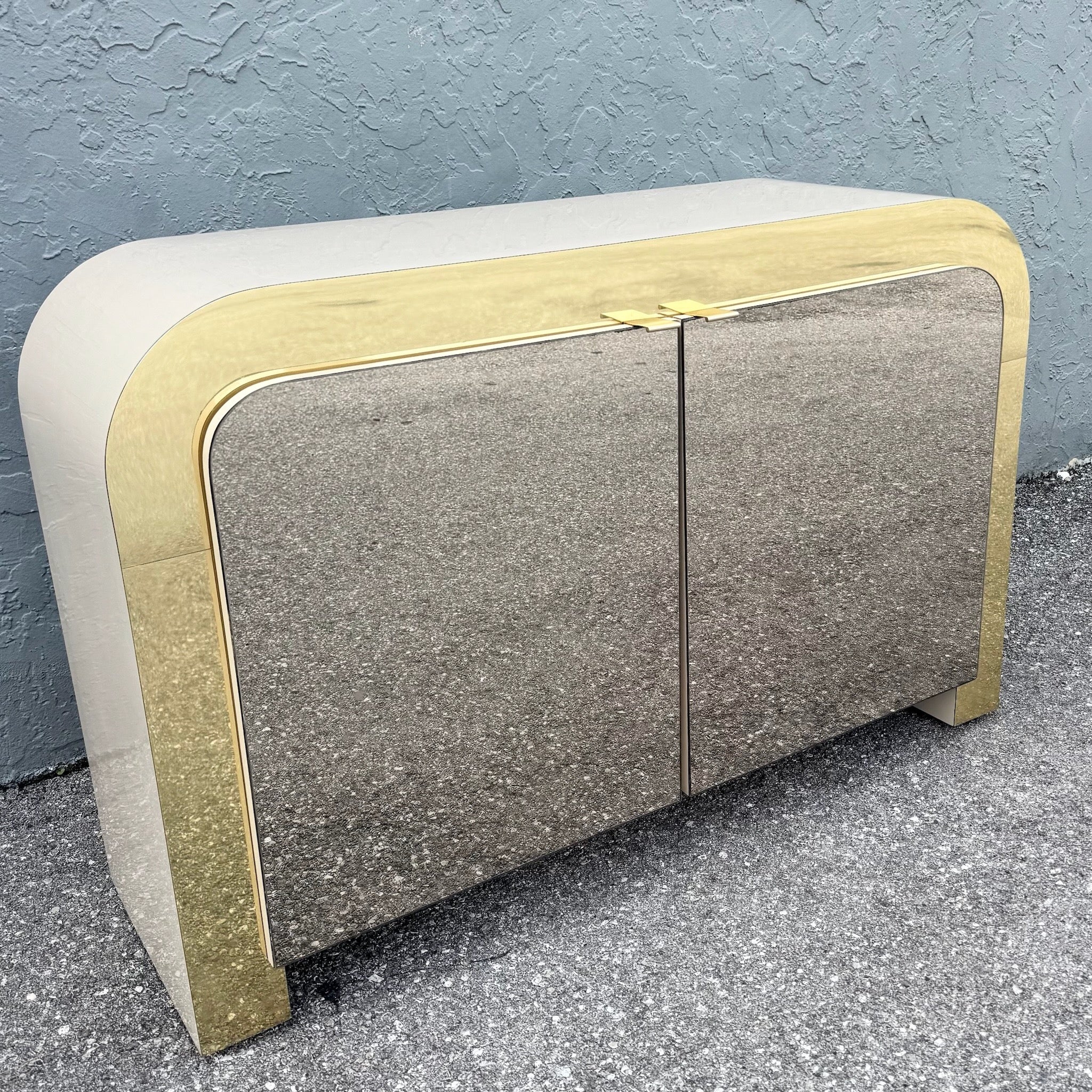 Postmodern Beige Gloss Laminate Mirrored and Gold Waterfall Credenza/Sideboard Dolphin & Flamingo
