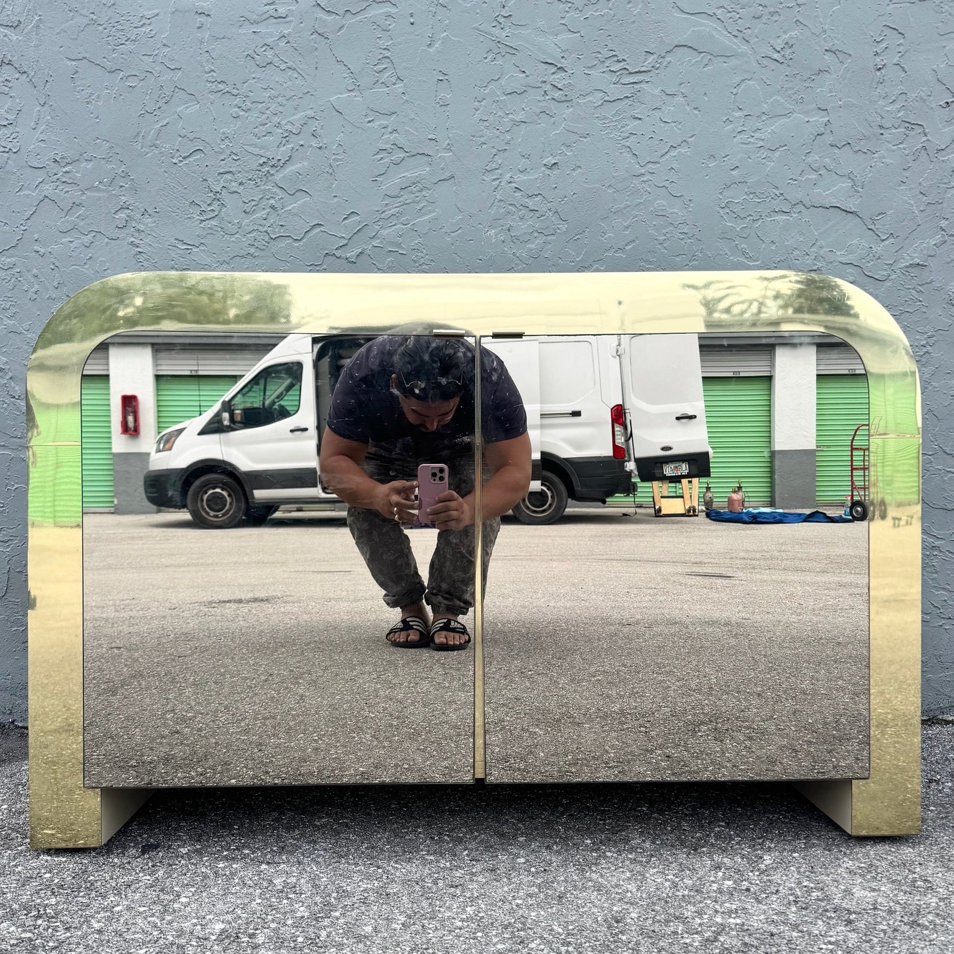 Postmodern Beige Gloss Laminate Mirrored and Gold Waterfall Credenza/Sideboard Dolphin & Flamingo