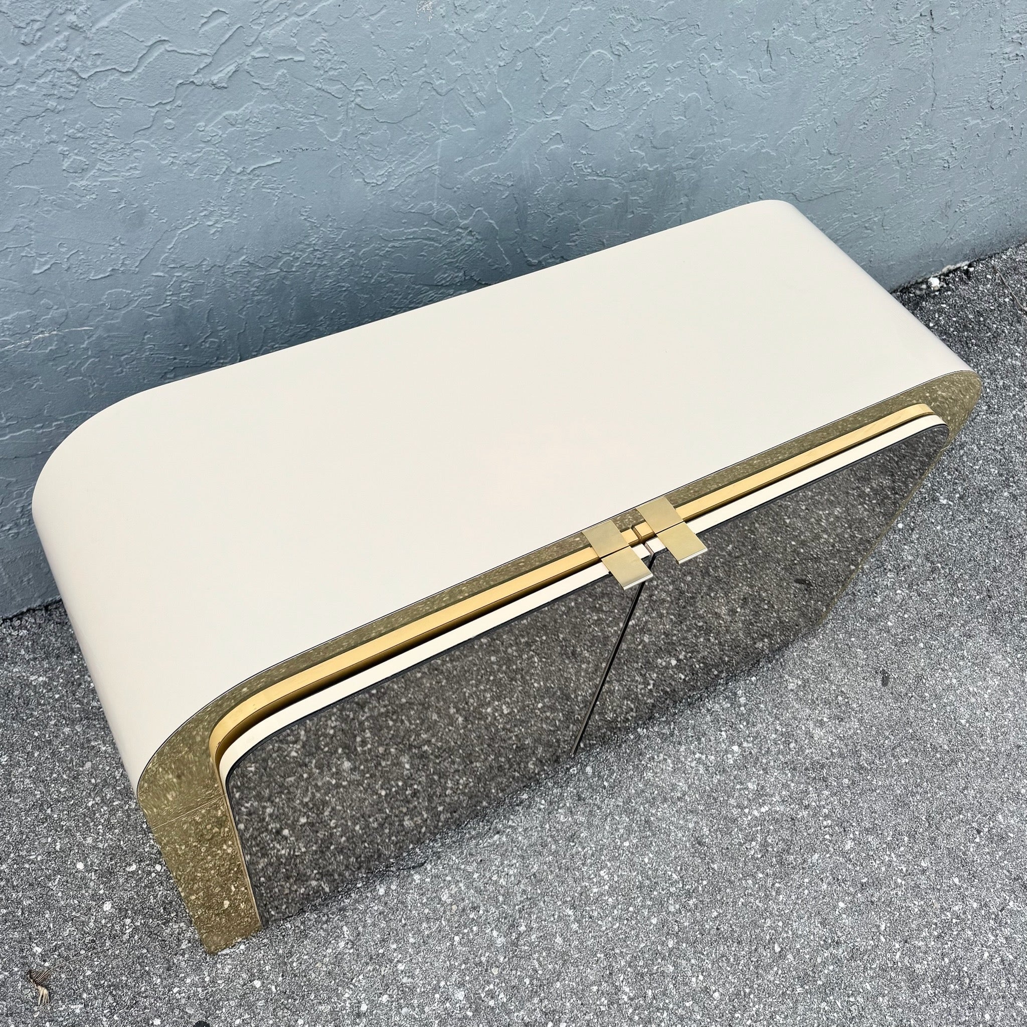 Postmodern Beige Gloss Laminate Mirrored and Gold Waterfall Credenza/Sideboard Dolphin & Flamingo