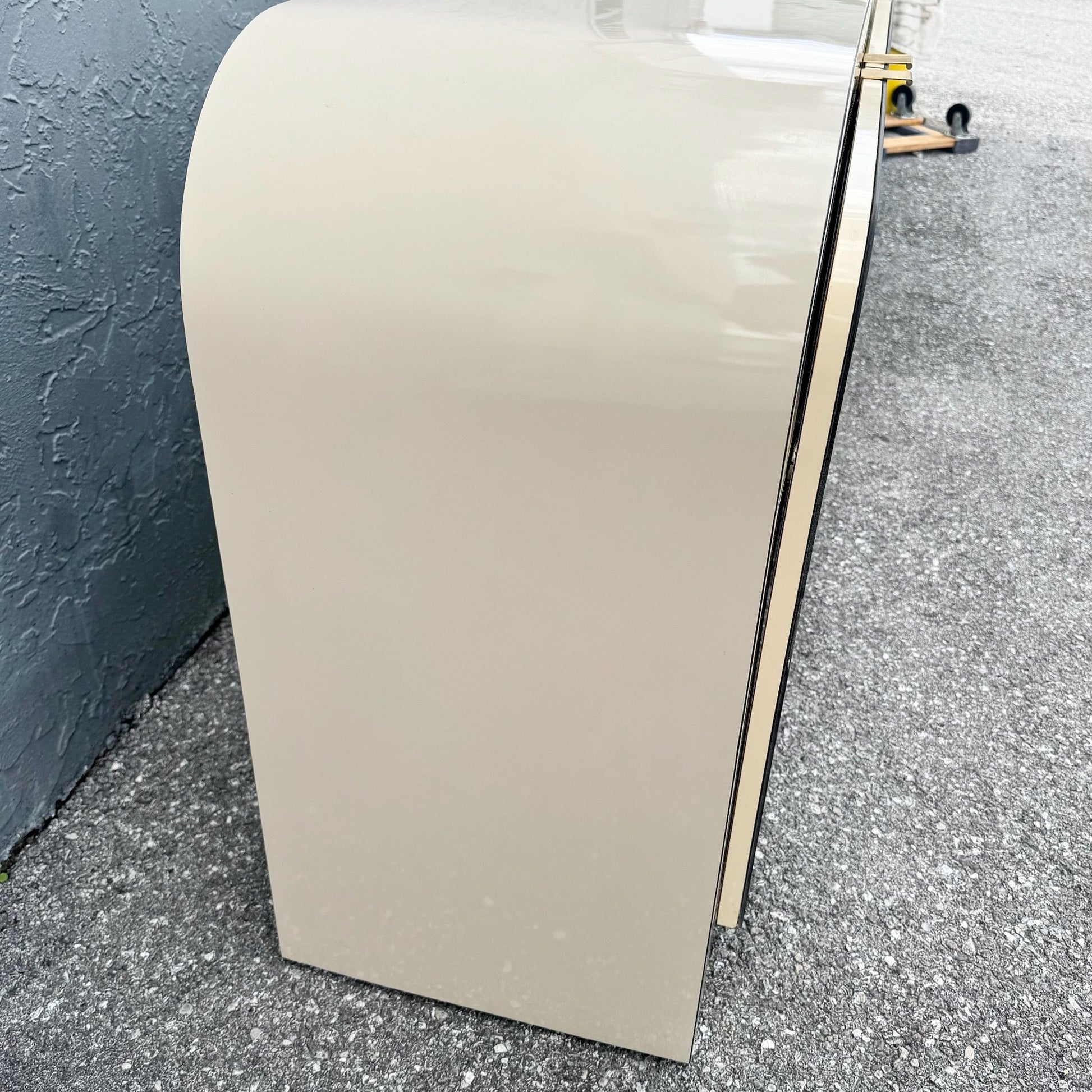 Postmodern Beige Gloss Laminate Mirrored and Gold Waterfall Credenza/Sideboard Dolphin & Flamingo