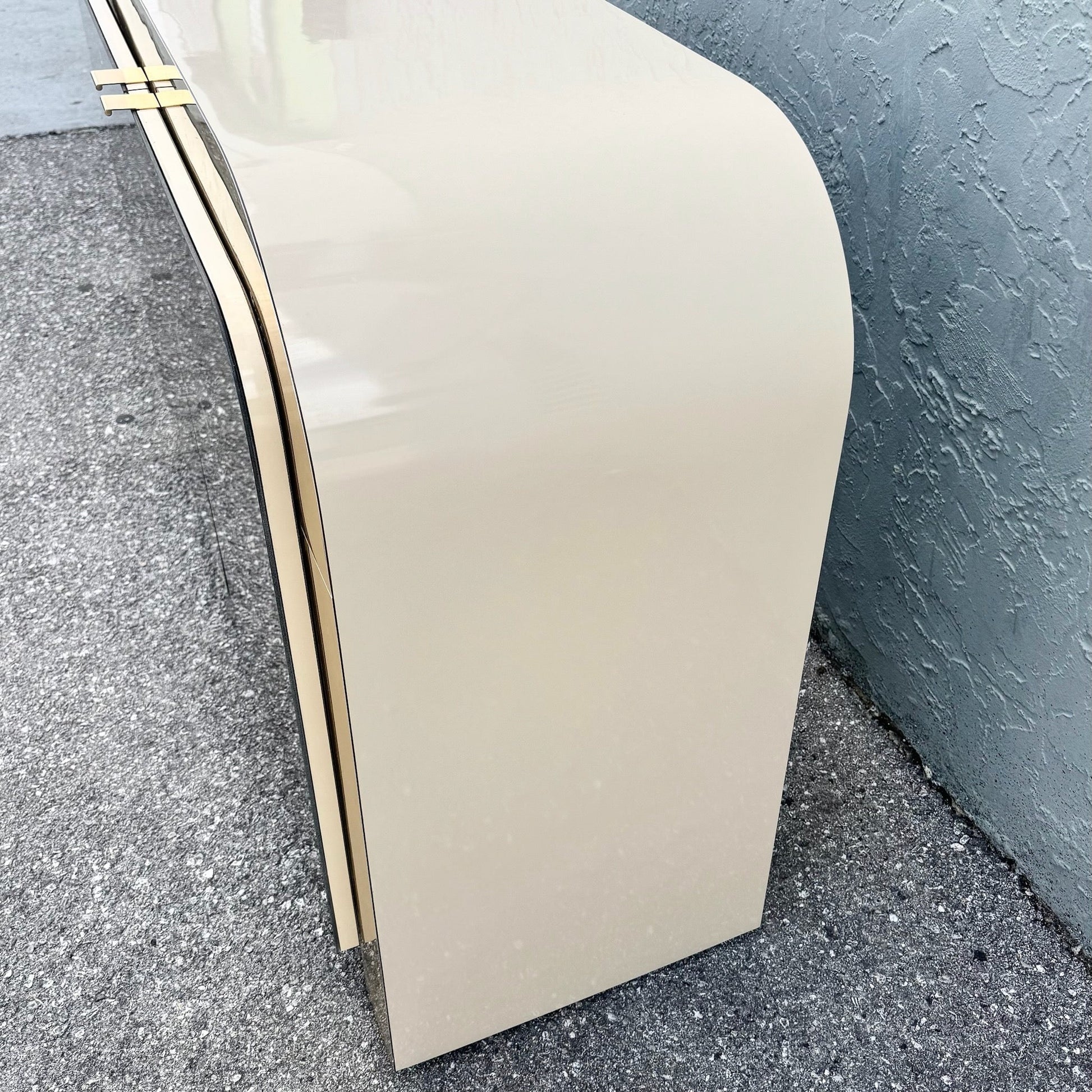 Postmodern Beige Gloss Laminate Mirrored and Gold Waterfall Credenza/Sideboard Dolphin & Flamingo