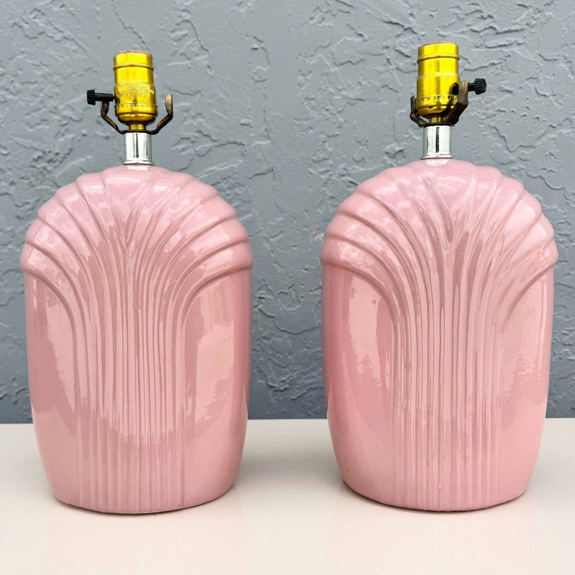 Art Deco Pink Gloss Scalloped Table Lamps - A Pair Dolphin & Flamingo