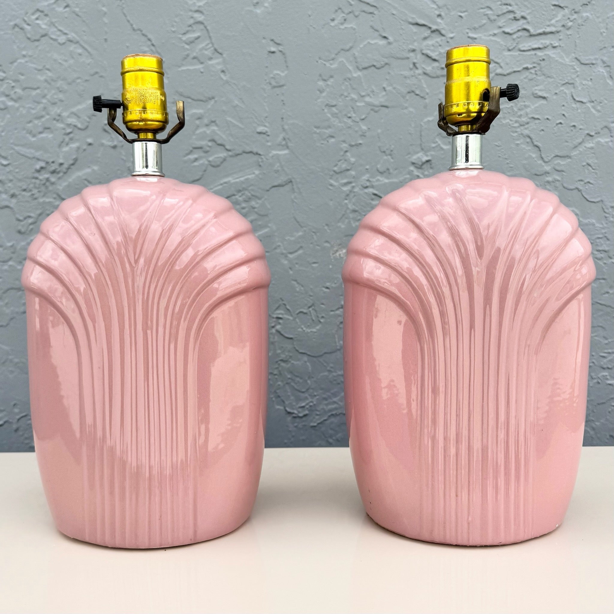 Art Deco Pink Gloss Scalloped Table Lamps - A Pair Dolphin & Flamingo