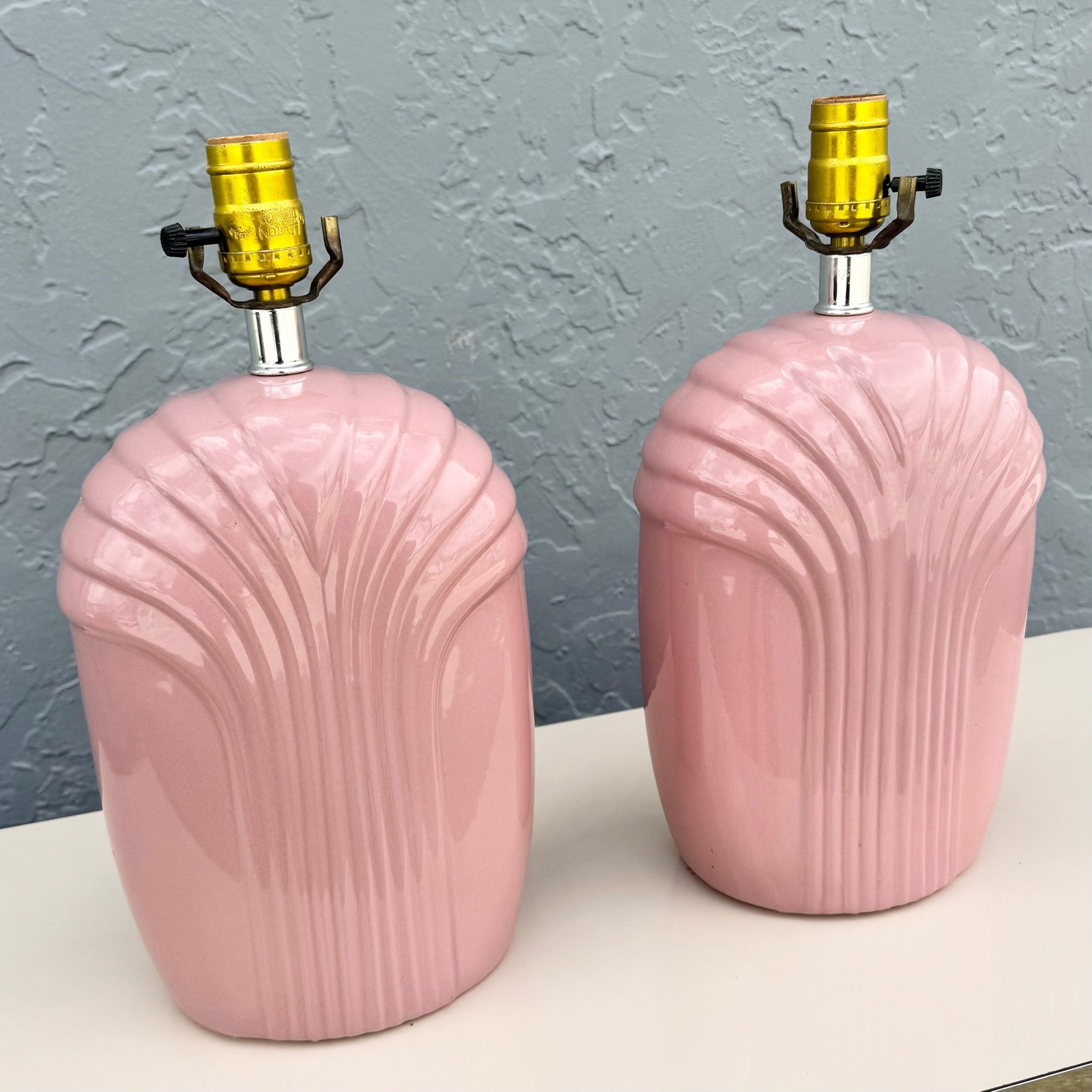 Art Deco Pink Gloss Scalloped Table Lamps - A Pair Dolphin & Flamingo