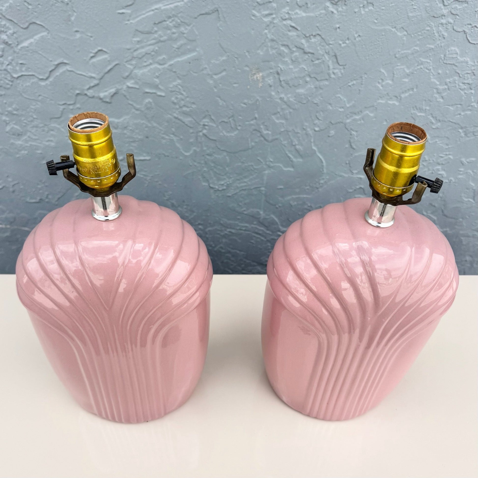 Art Deco Pink Gloss Scalloped Table Lamps - A Pair Dolphin & Flamingo