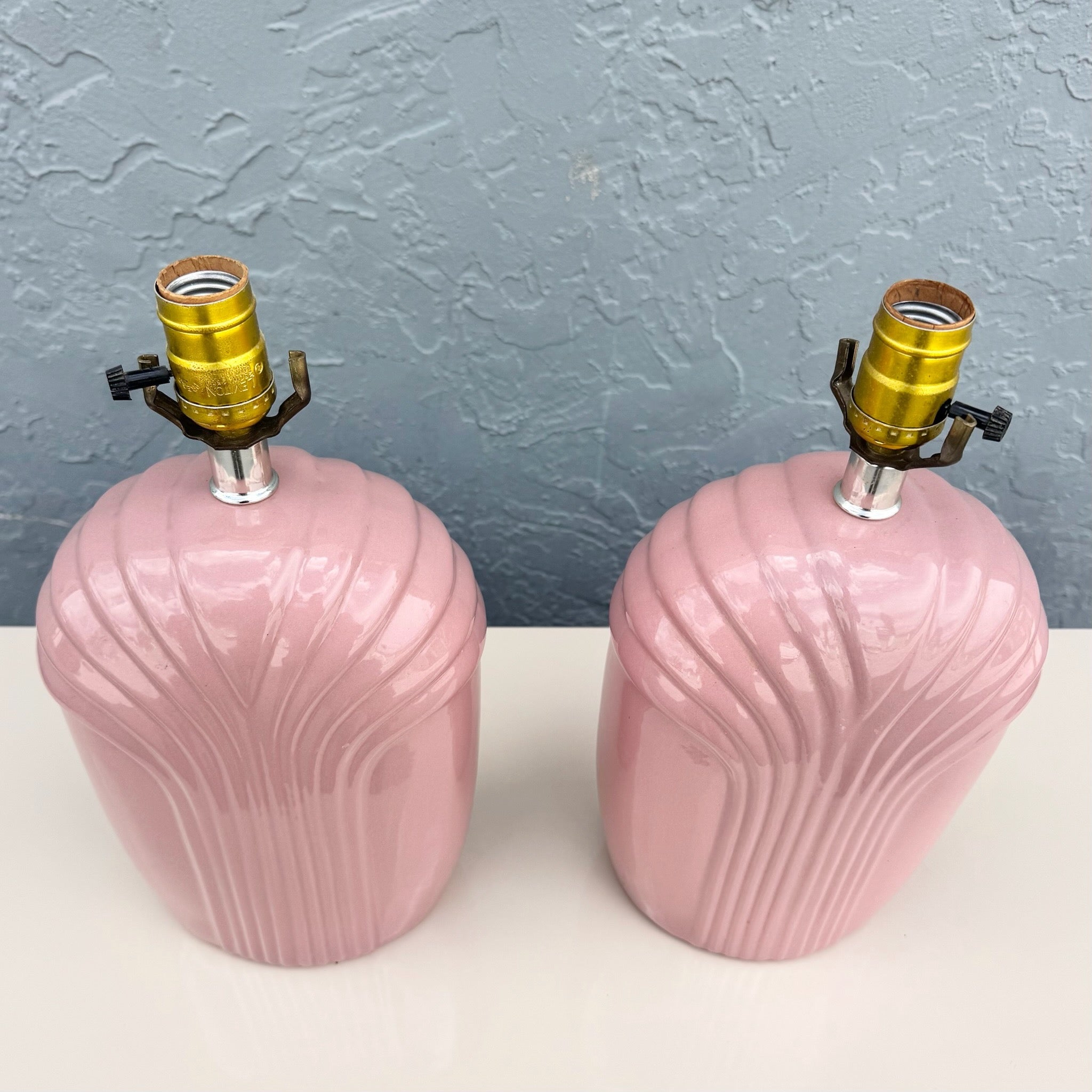 Art Deco Pink Gloss Scalloped Table Lamps - A Pair Dolphin & Flamingo