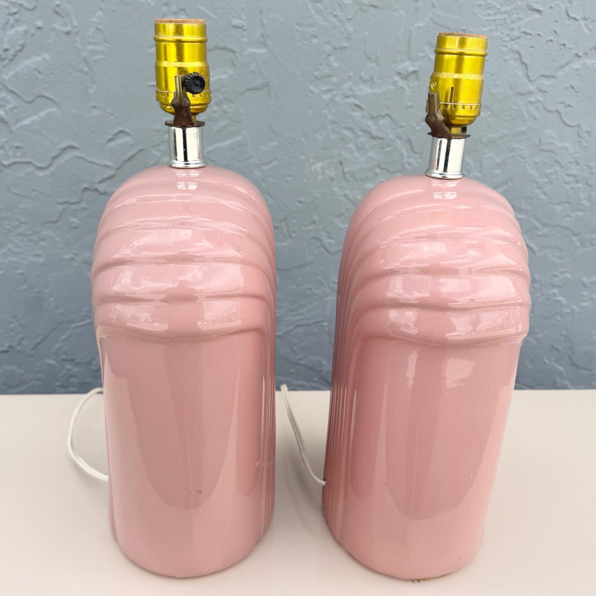 Art Deco Pink Gloss Scalloped Table Lamps - A Pair Dolphin & Flamingo
