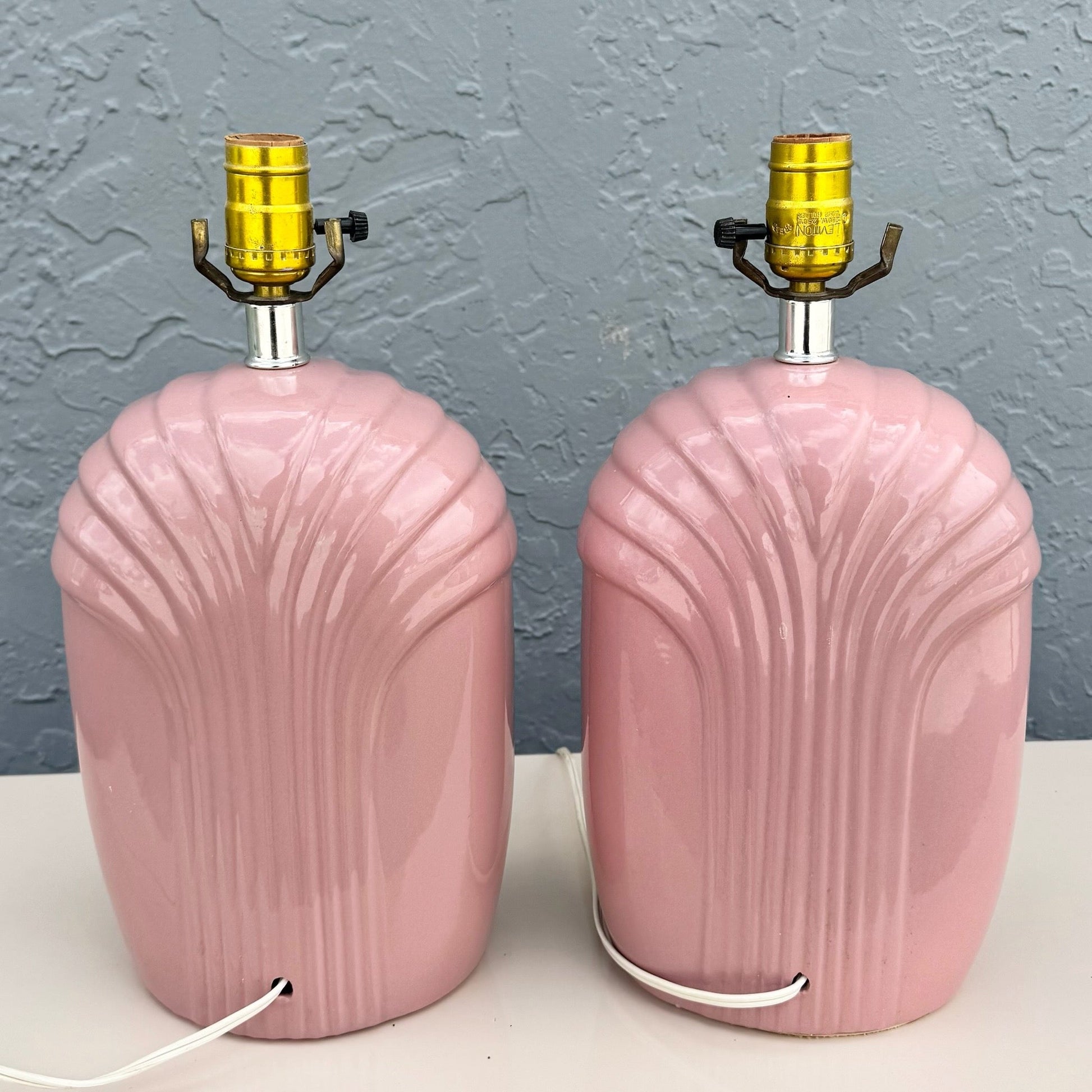 Art Deco Pink Gloss Scalloped Table Lamps - A Pair Dolphin & Flamingo