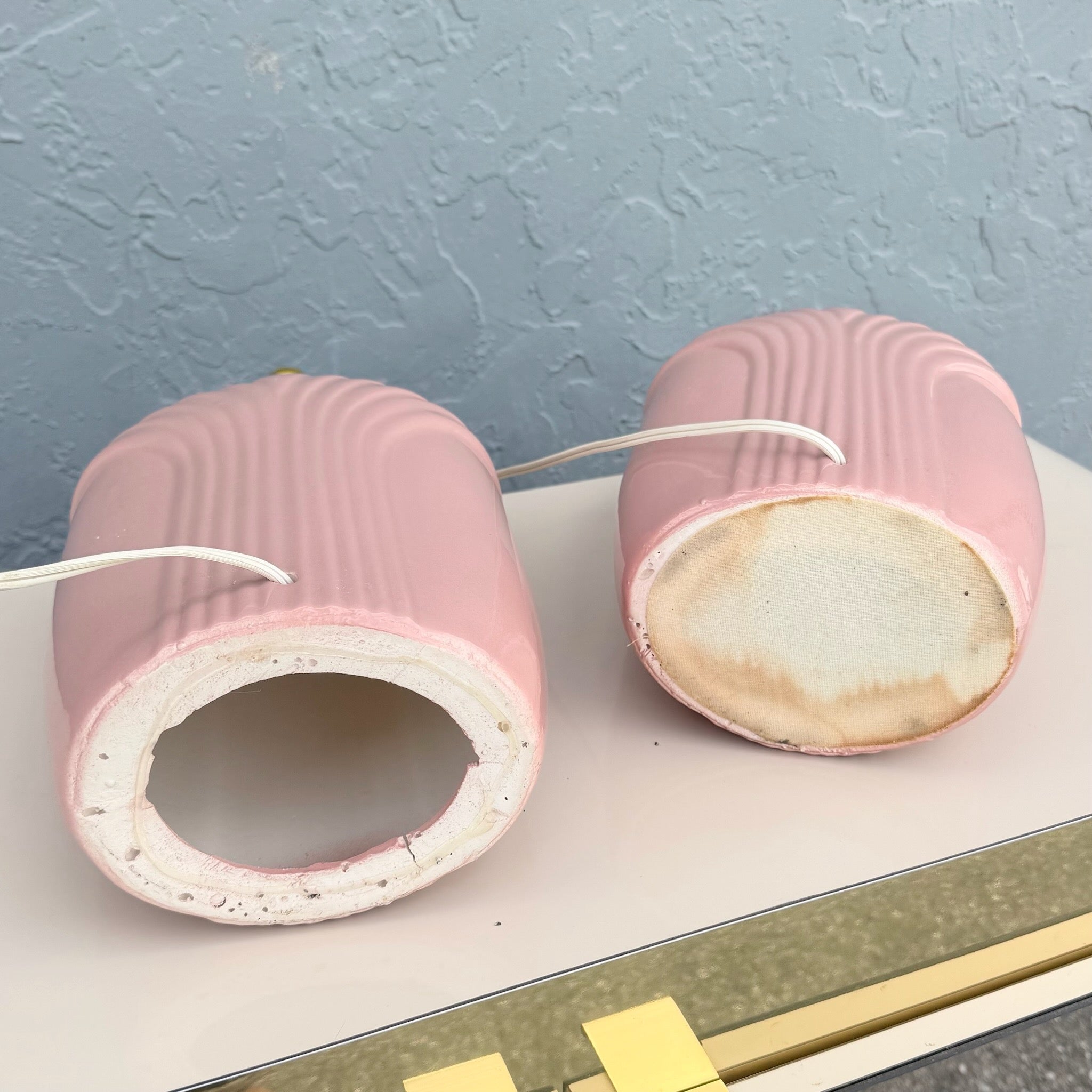 Art Deco Pink Gloss Scalloped Table Lamps - A Pair Dolphin & Flamingo