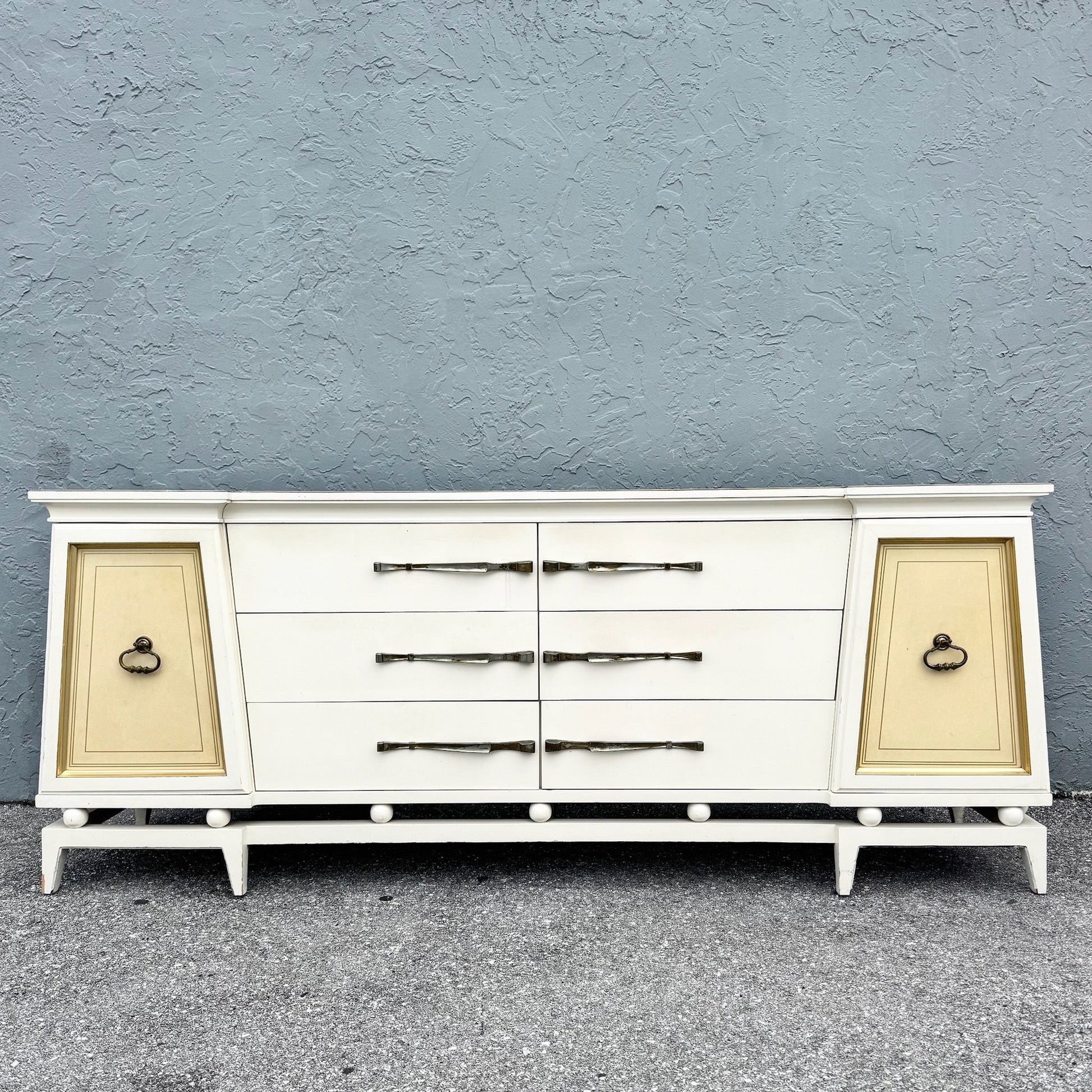 Hollywood Regency White and Gold Credenza by American of Martinsville Dolphin & Flamingo