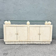 Postmodern Tessellated Stone Glass Top Credenza Dolphin & Flamingo