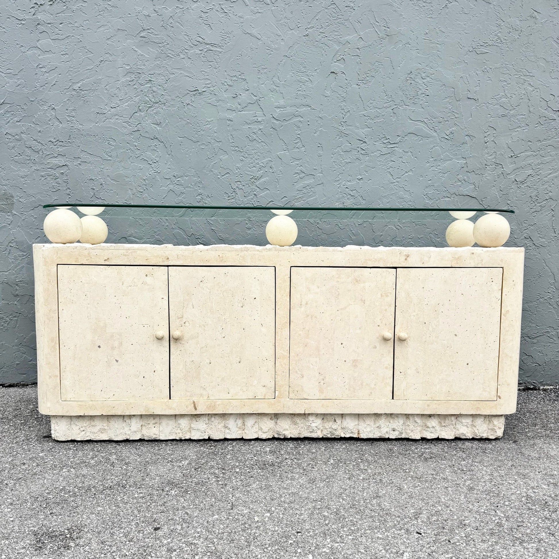Postmodern Tessellated Stone Glass Top Credenza Dolphin & Flamingo