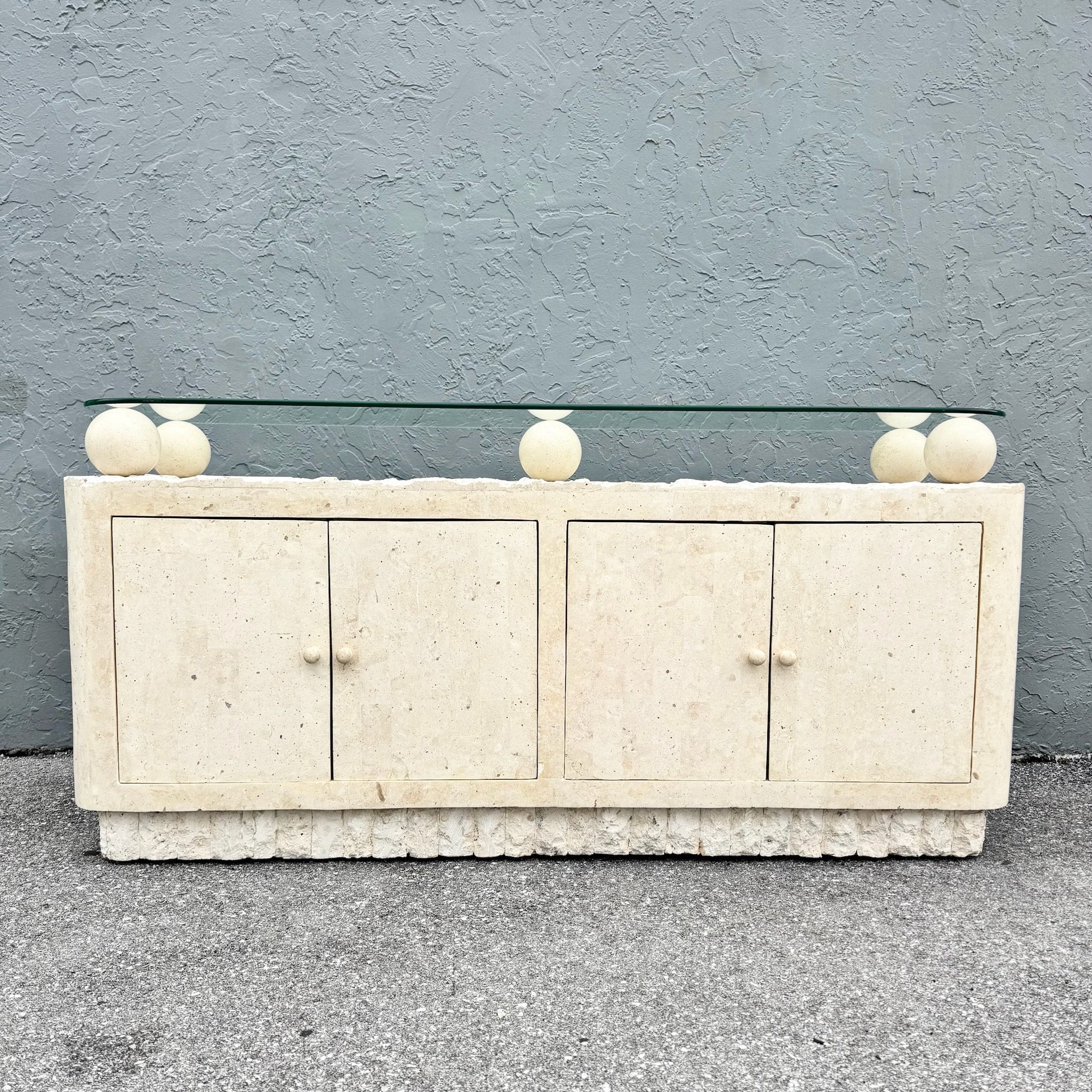 Postmodern Tessellated Stone Glass Top Credenza Dolphin & Flamingo