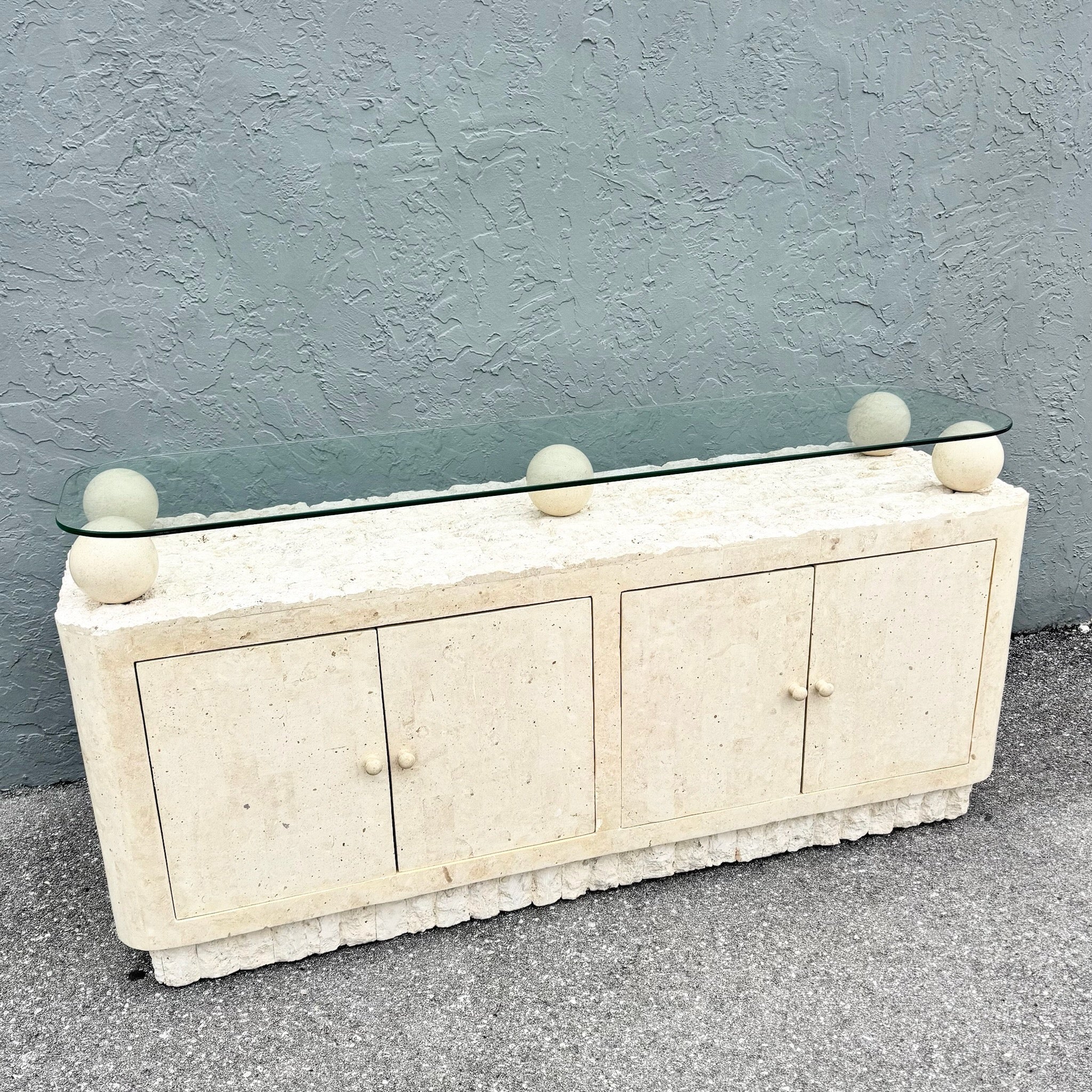 Postmodern Tessellated Stone Glass Top Credenza Dolphin & Flamingo