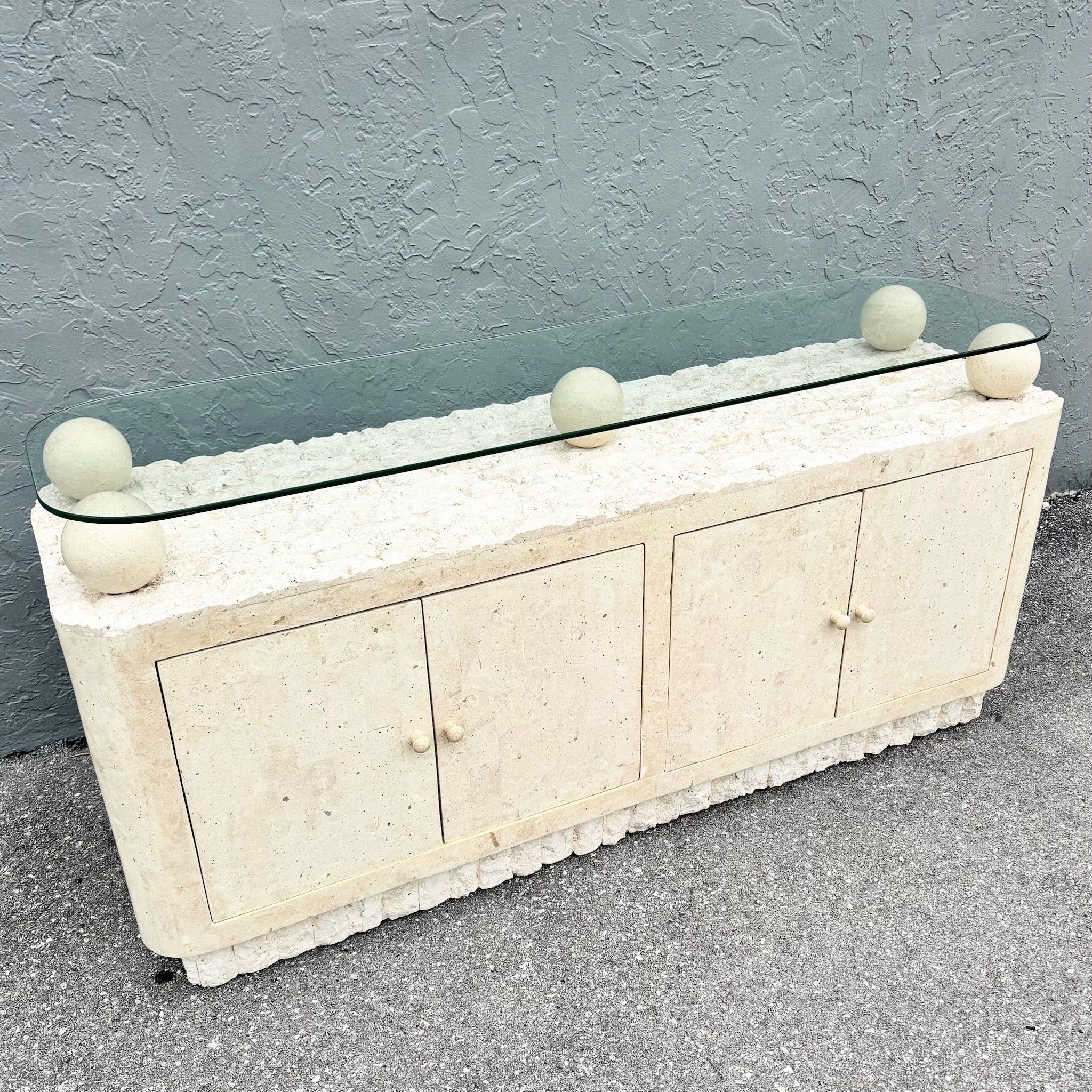 Postmodern Tessellated Stone Glass Top Credenza Dolphin & Flamingo