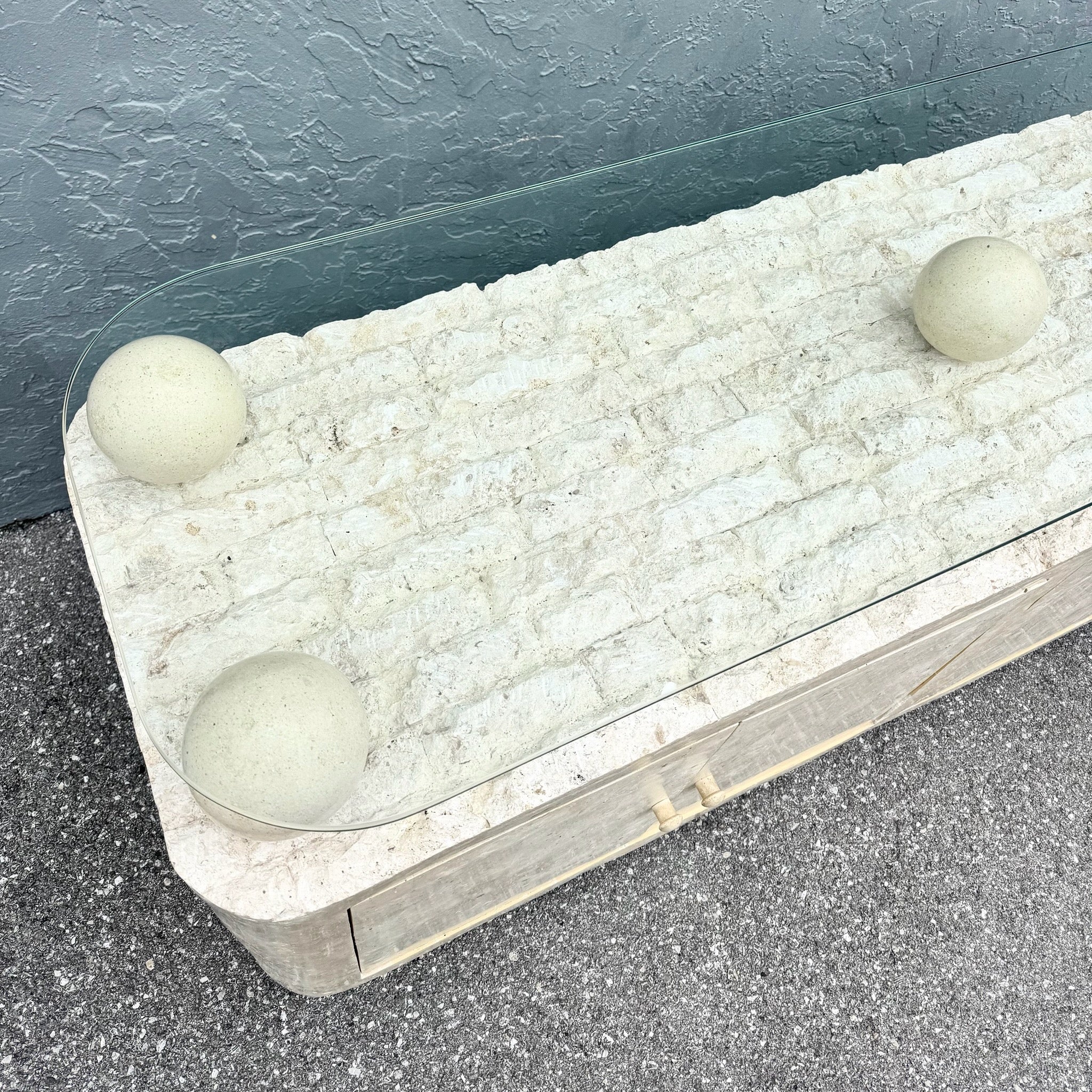 Postmodern Tessellated Stone Glass Top Credenza Dolphin & Flamingo