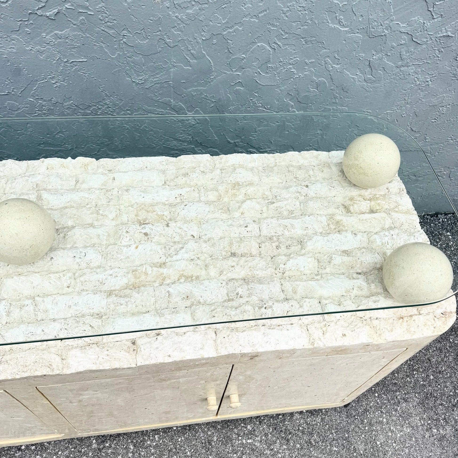 Postmodern Tessellated Stone Glass Top Credenza Dolphin & Flamingo