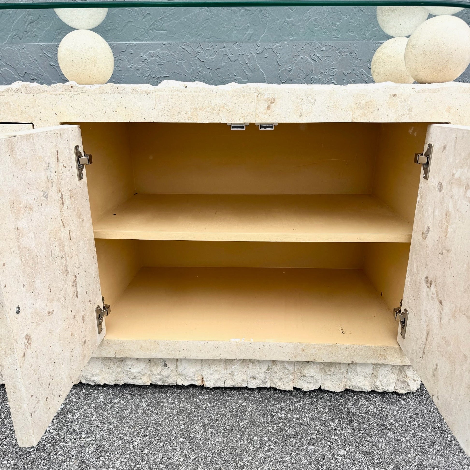 Postmodern Tessellated Stone Glass Top Credenza Dolphin & Flamingo